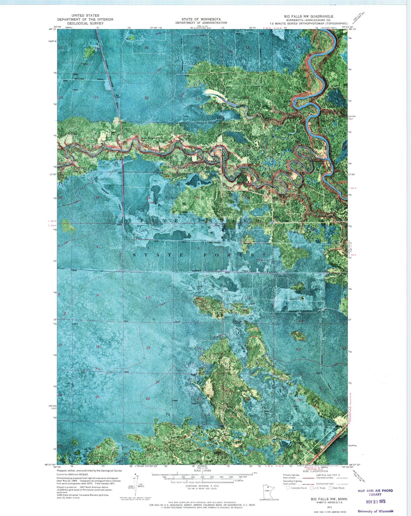 Classic USGS Big Falls NW Minnesota 7.5'x7.5' Topo Map Image