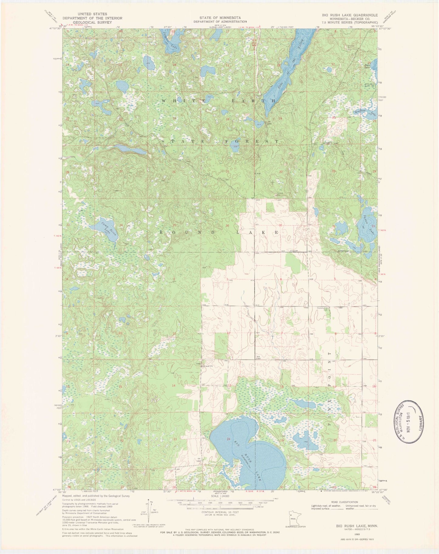 Classic USGS Big Rush Lake Minnesota 7.5'x7.5' Topo Map Image