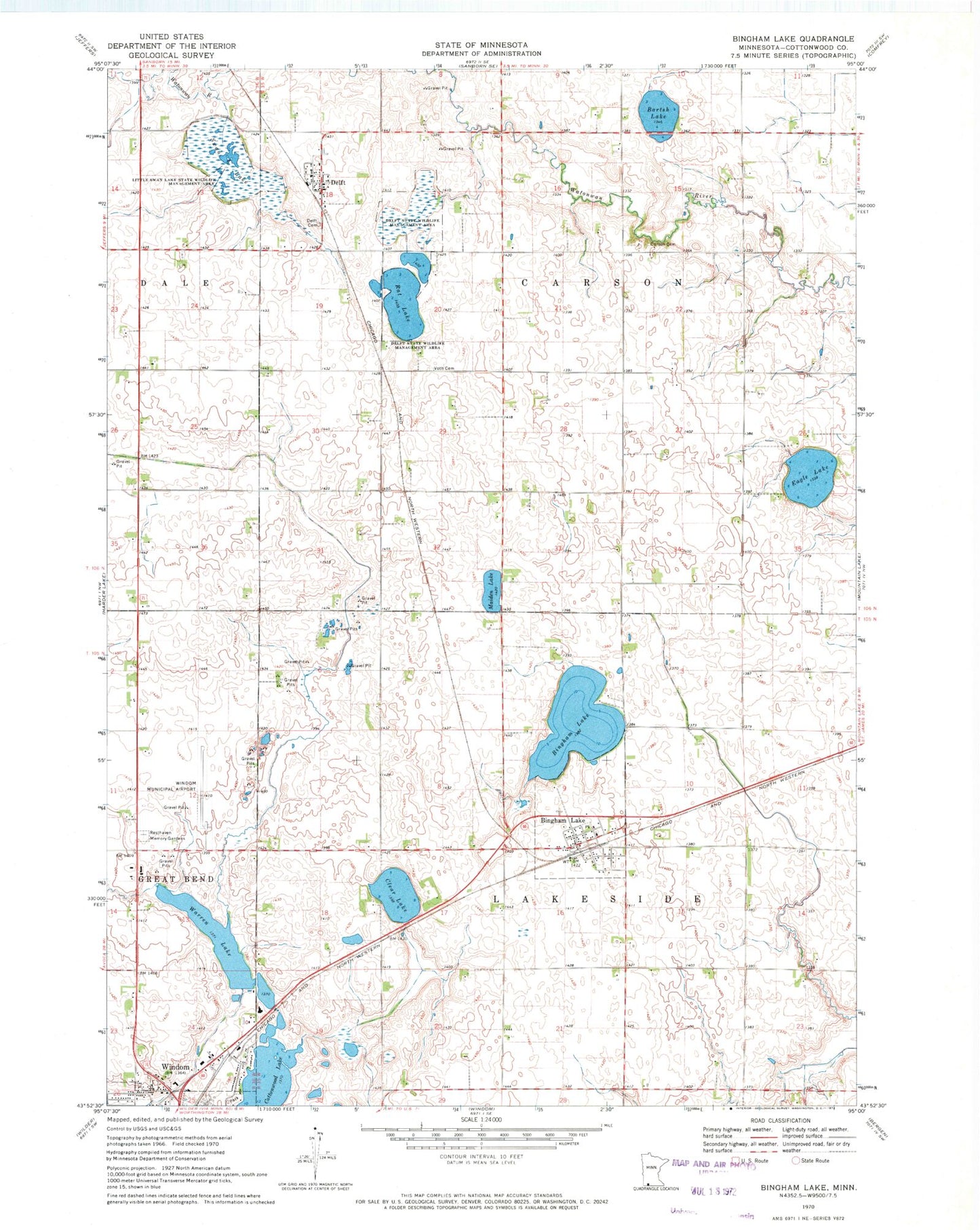 Classic USGS Bingham Lake Minnesota 7.5'x7.5' Topo Map Image