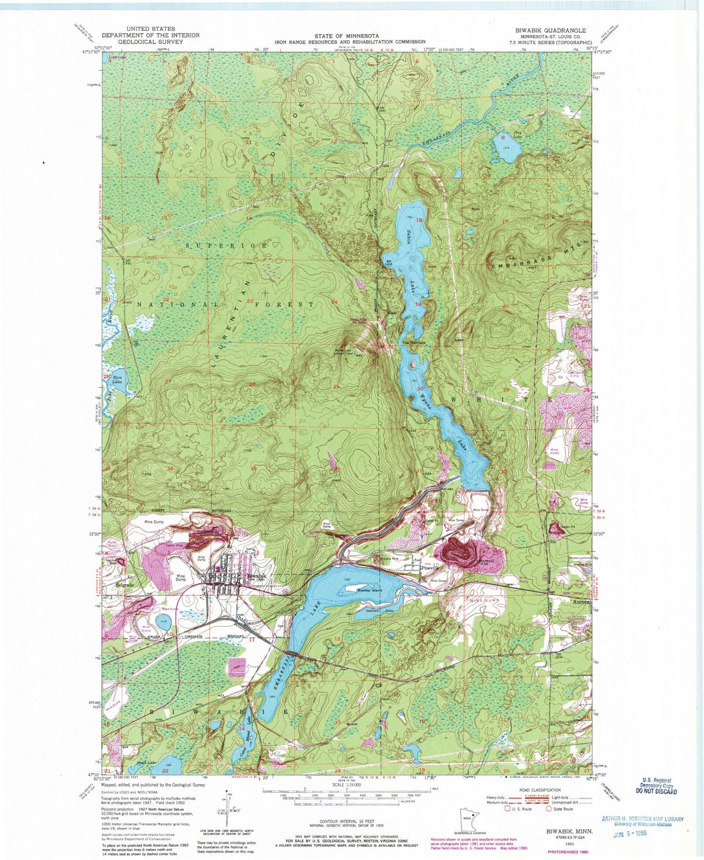 Classic USGS Biwabik Minnesota 7.5'x7.5' Topo Map Image