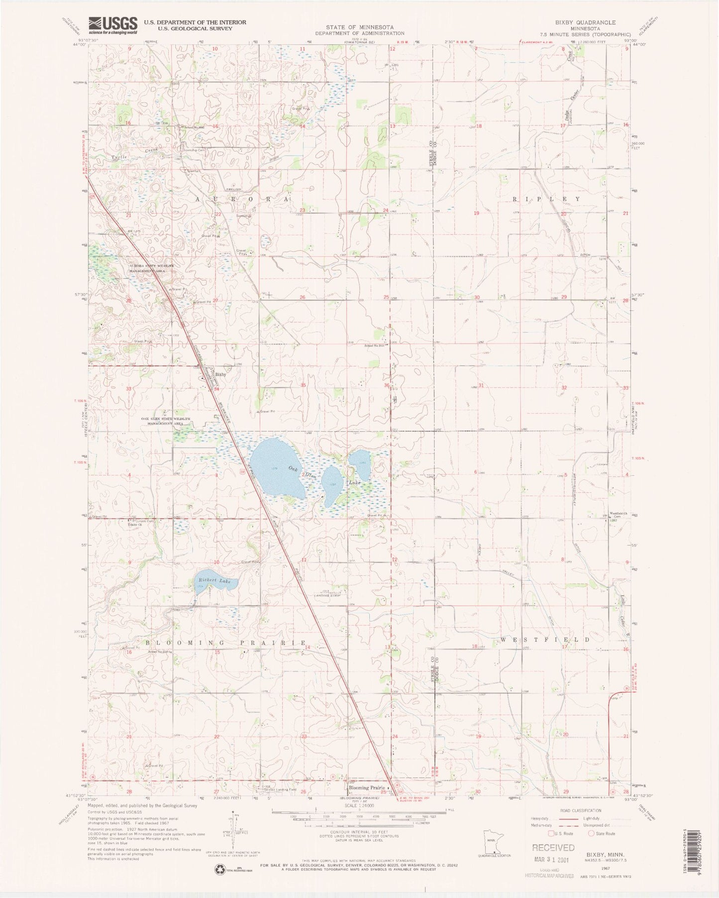 Classic USGS Bixby Minnesota 7.5'x7.5' Topo Map Image