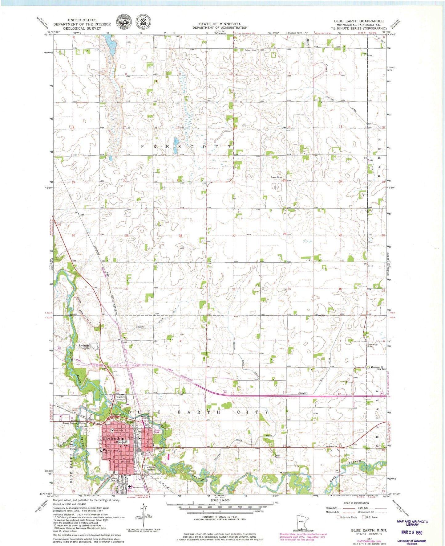 Classic USGS Blue Earth Minnesota 7.5'x7.5' Topo Map Image