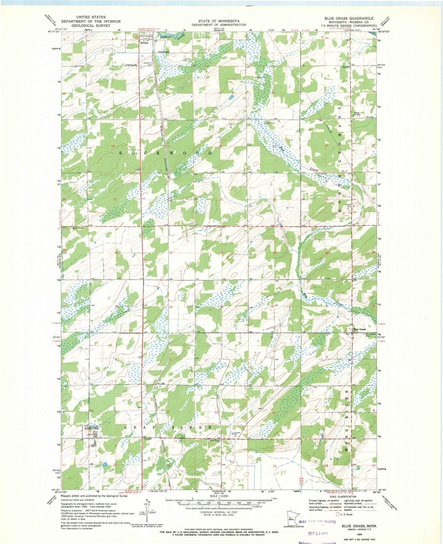 Classic USGS Blue Grass Minnesota 7.5'x7.5' Topo Map Image