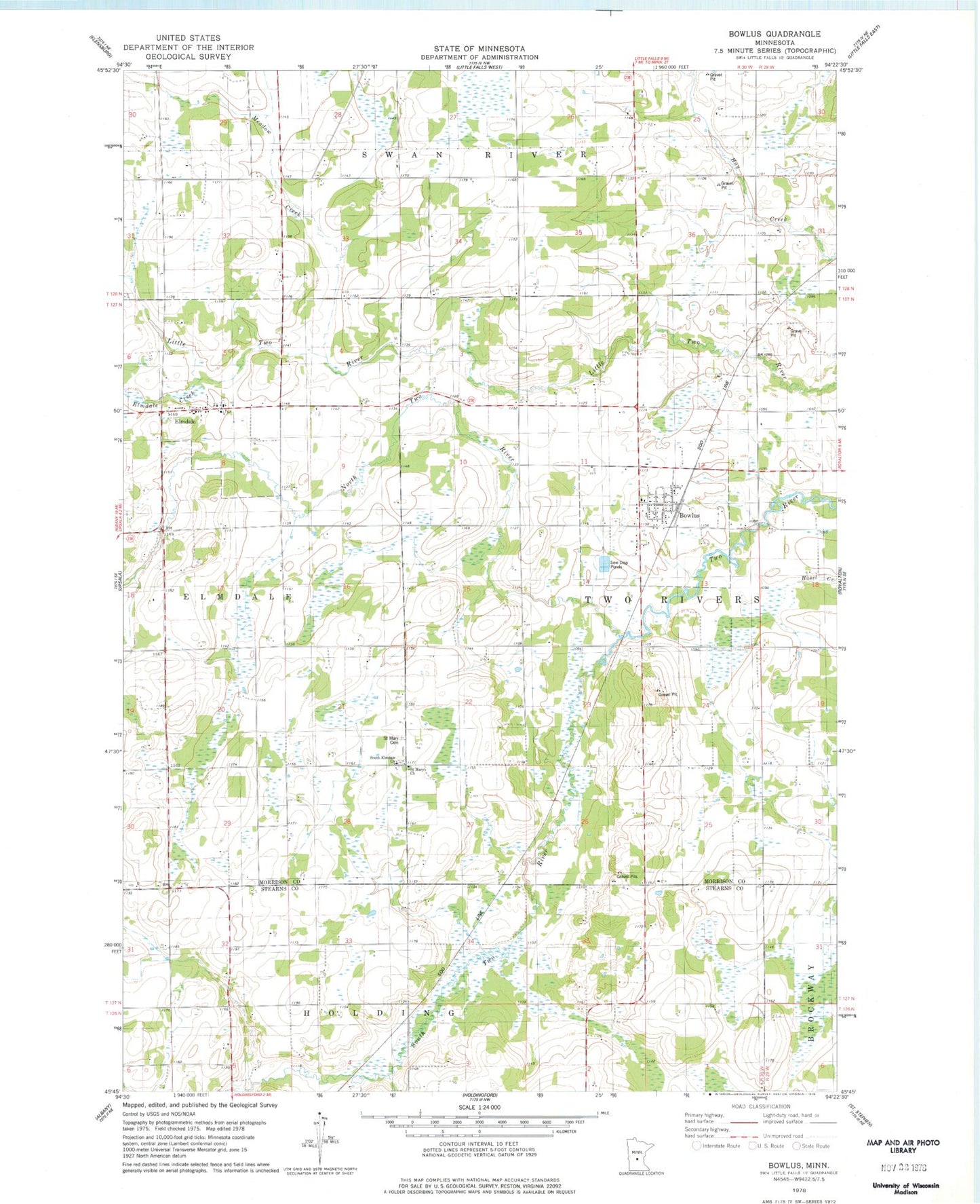 Classic USGS Bowlus Minnesota 7.5'x7.5' Topo Map Image