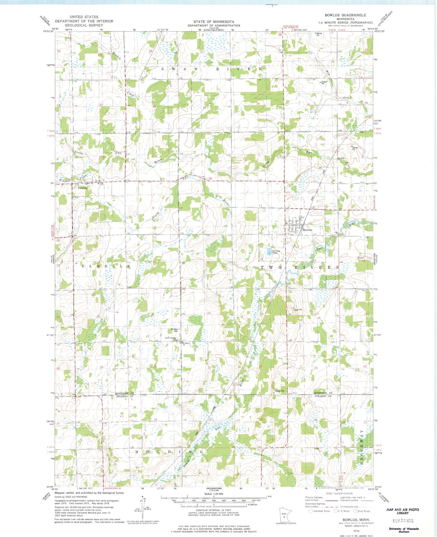Classic USGS Bowlus Minnesota 7.5'x7.5' Topo Map Image
