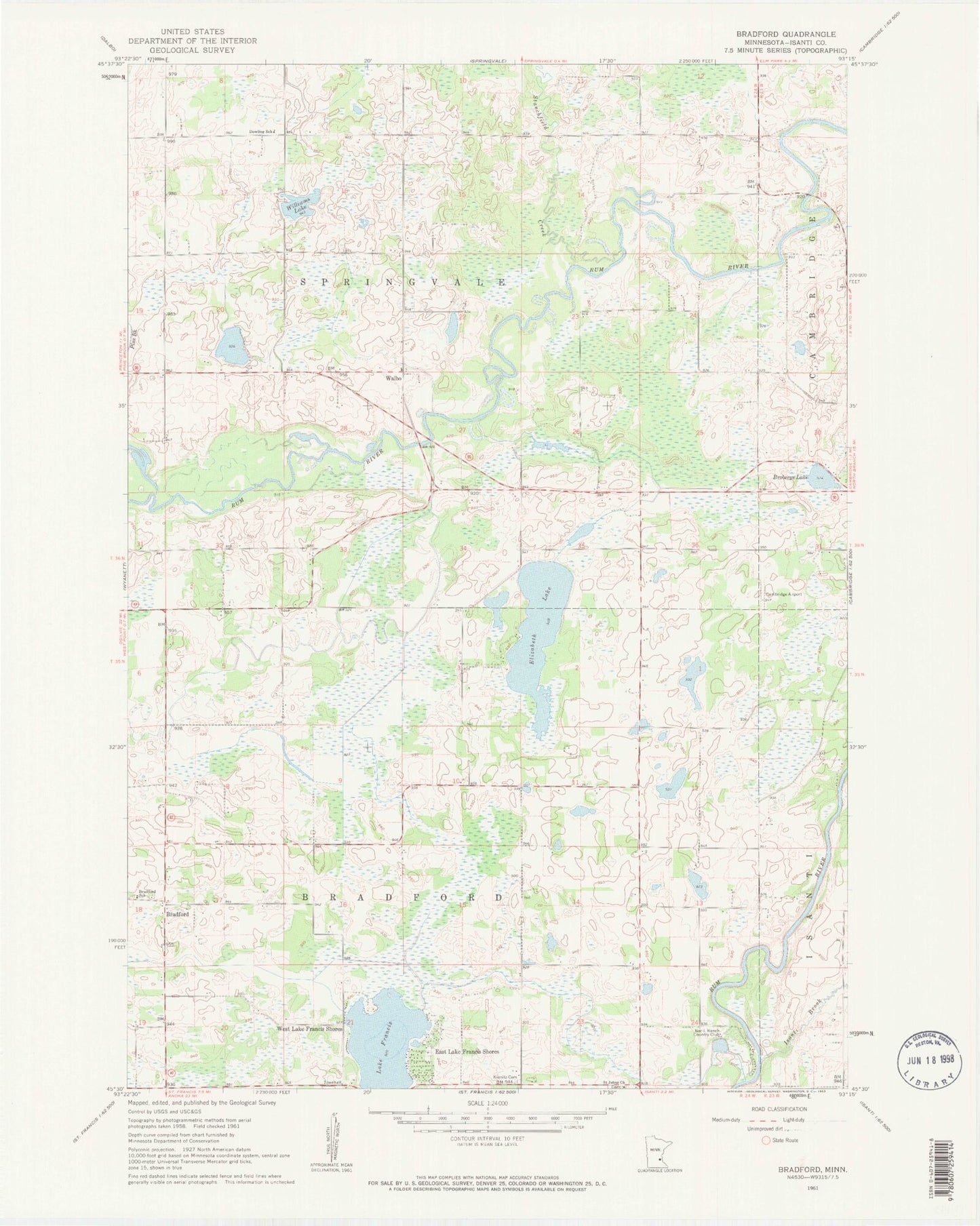 Classic USGS Bradford Minnesota 7.5'x7.5' Topo Map Image