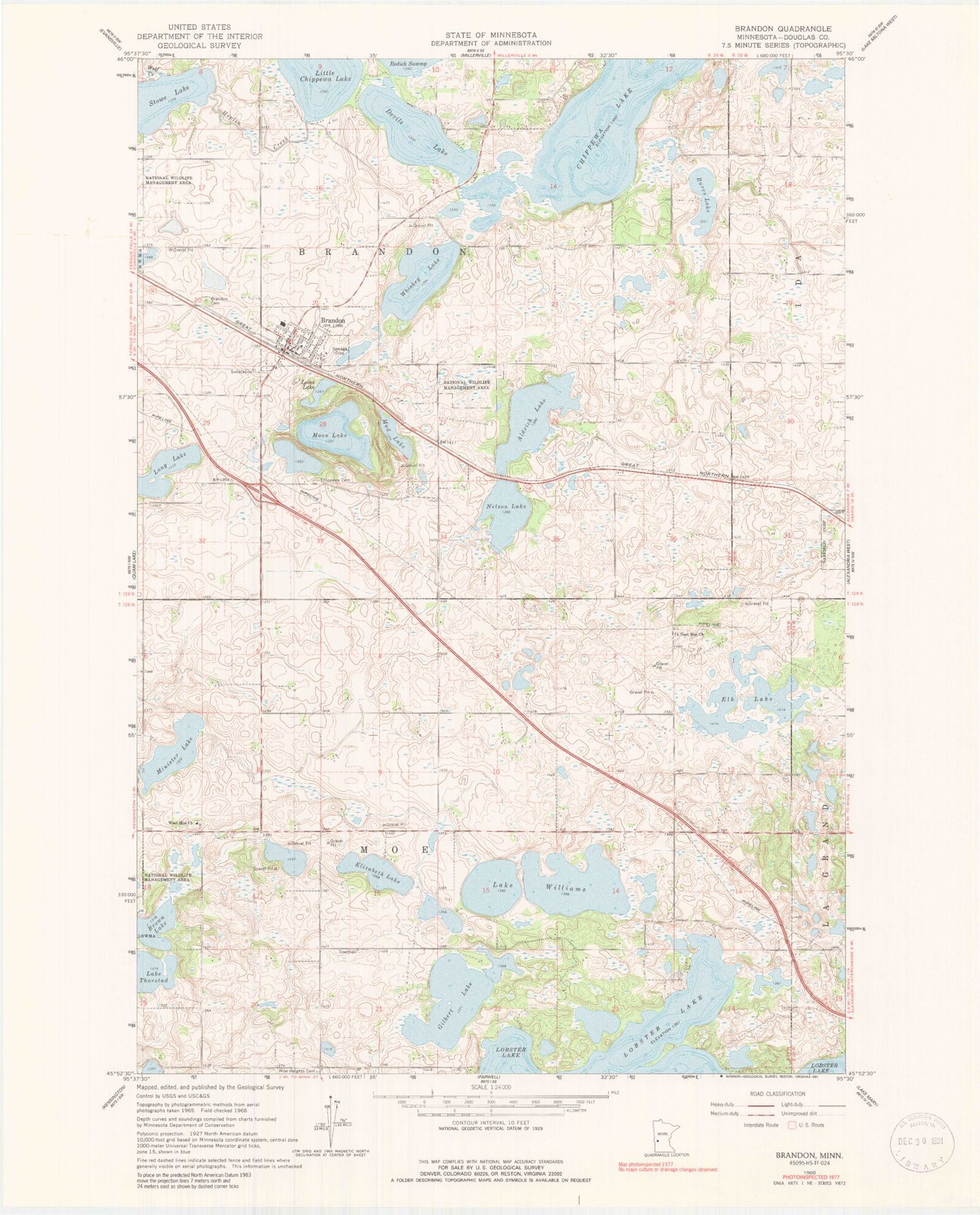 Classic USGS Brandon Minnesota 7.5'x7.5' Topo Map Image