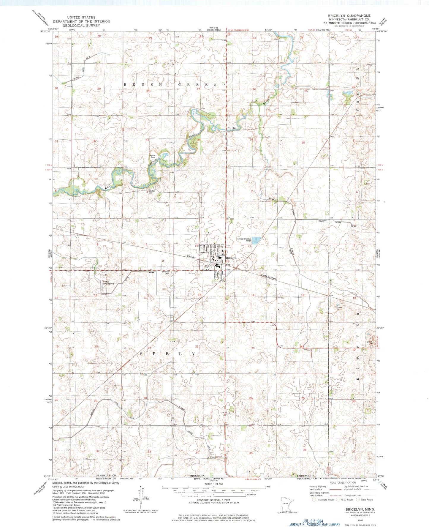 Classic USGS Bricelyn Minnesota 7.5'x7.5' Topo Map Image