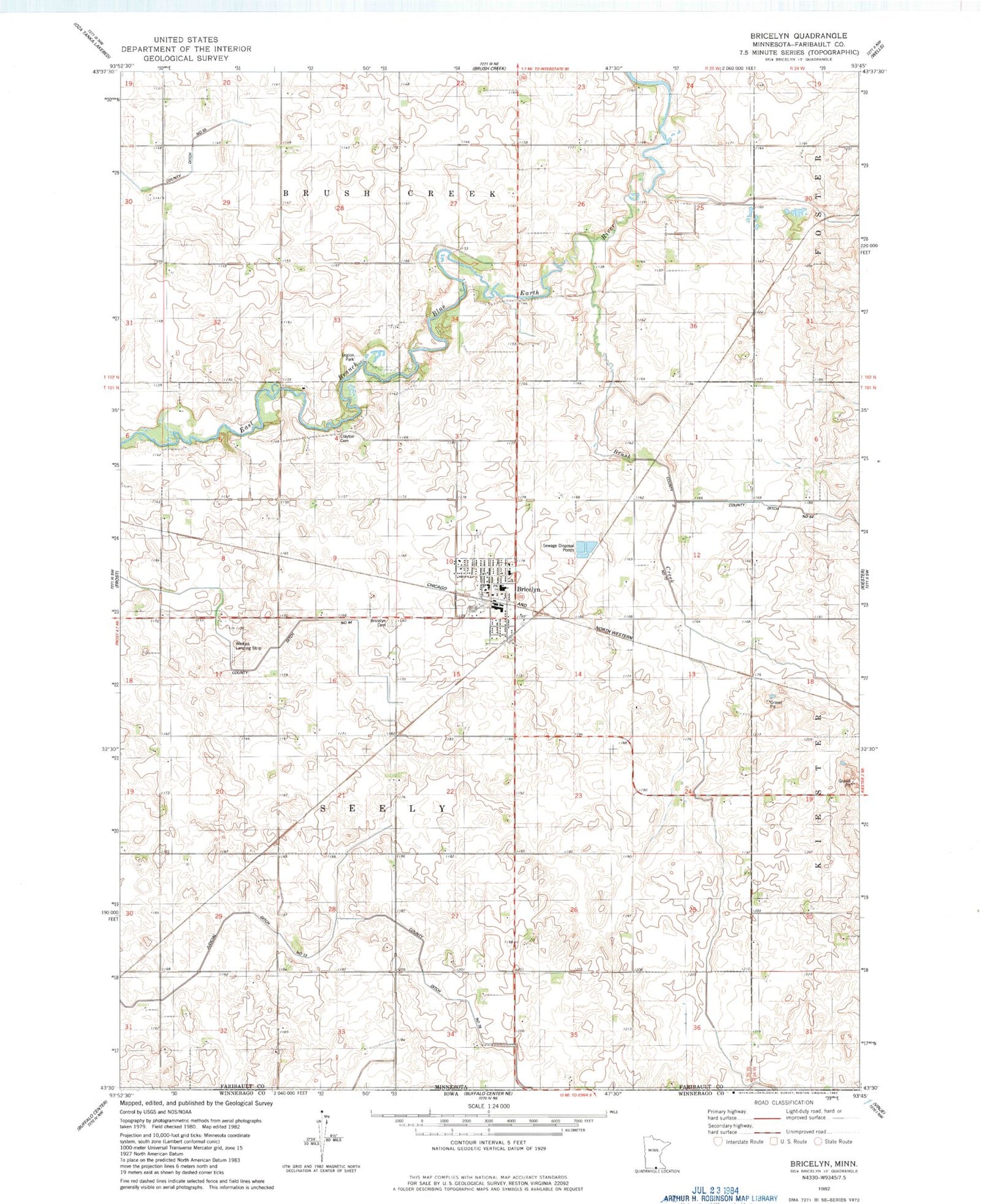 Classic USGS Bricelyn Minnesota 7.5'x7.5' Topo Map Image