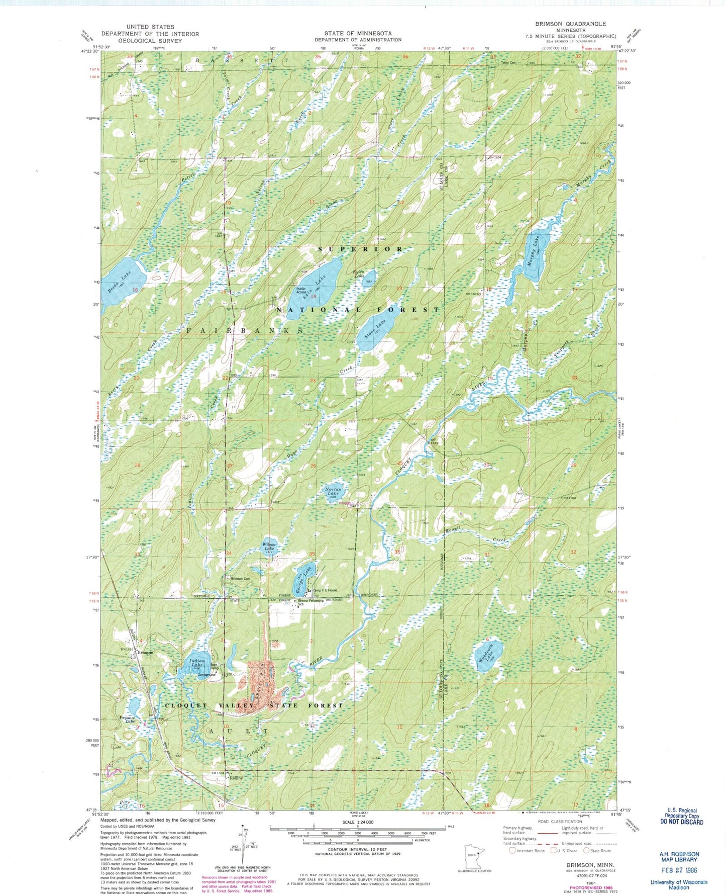 Classic USGS Brimson Minnesota 7.5'x7.5' Topo Map Image