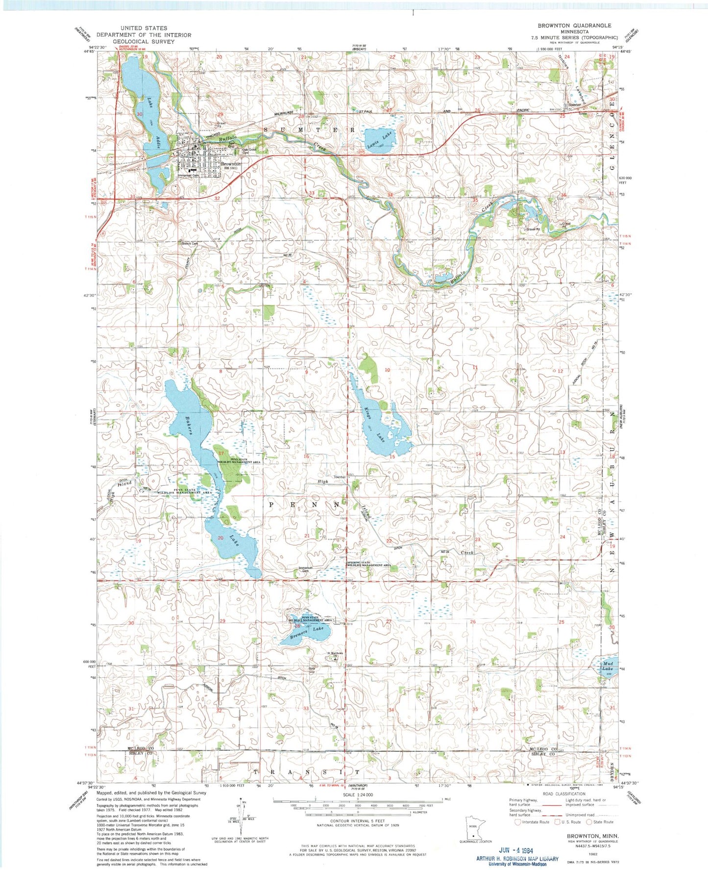 Classic USGS Brownton Minnesota 7.5'x7.5' Topo Map Image