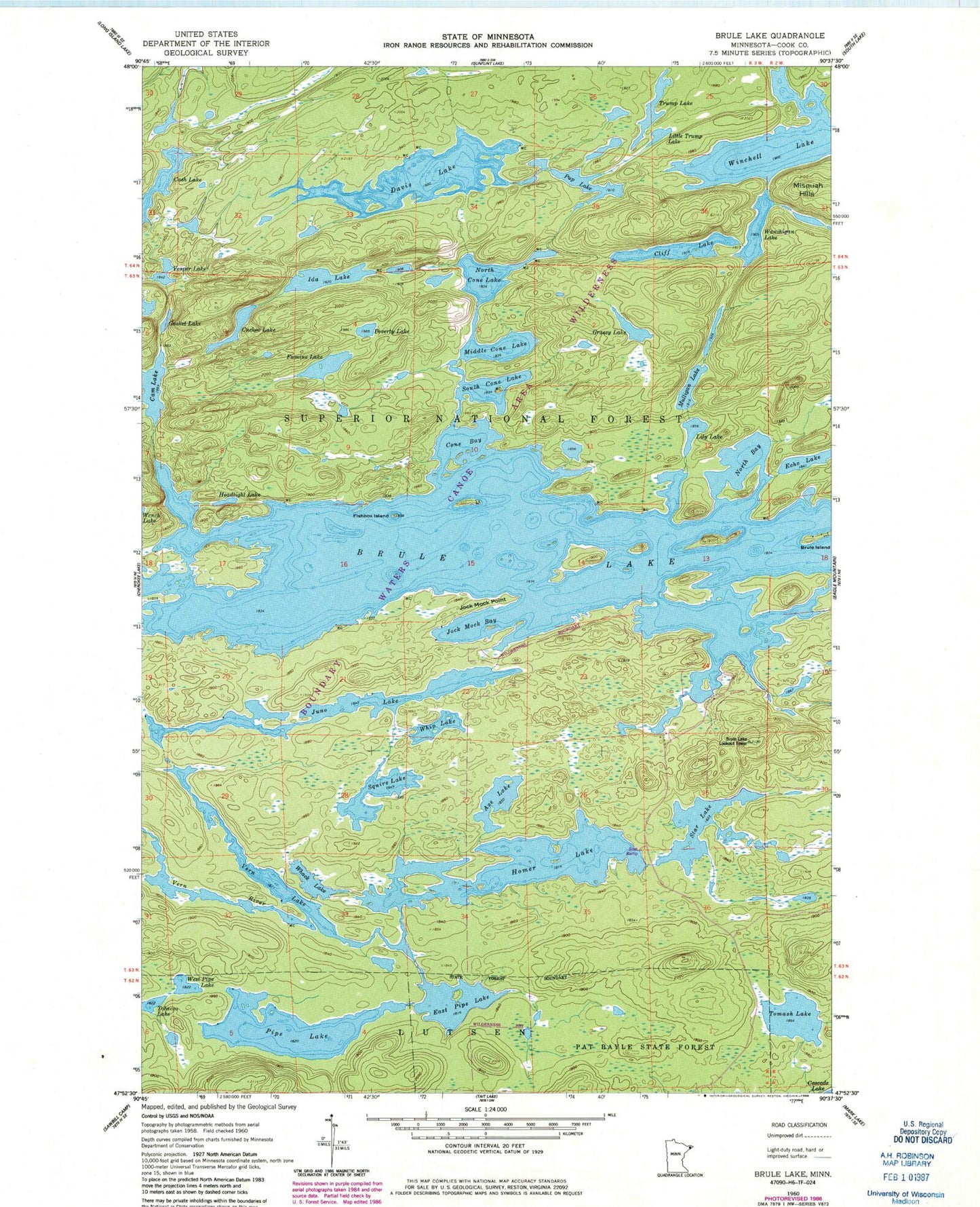 Classic USGS Brule Lake Minnesota 7.5'x7.5' Topo Map Image