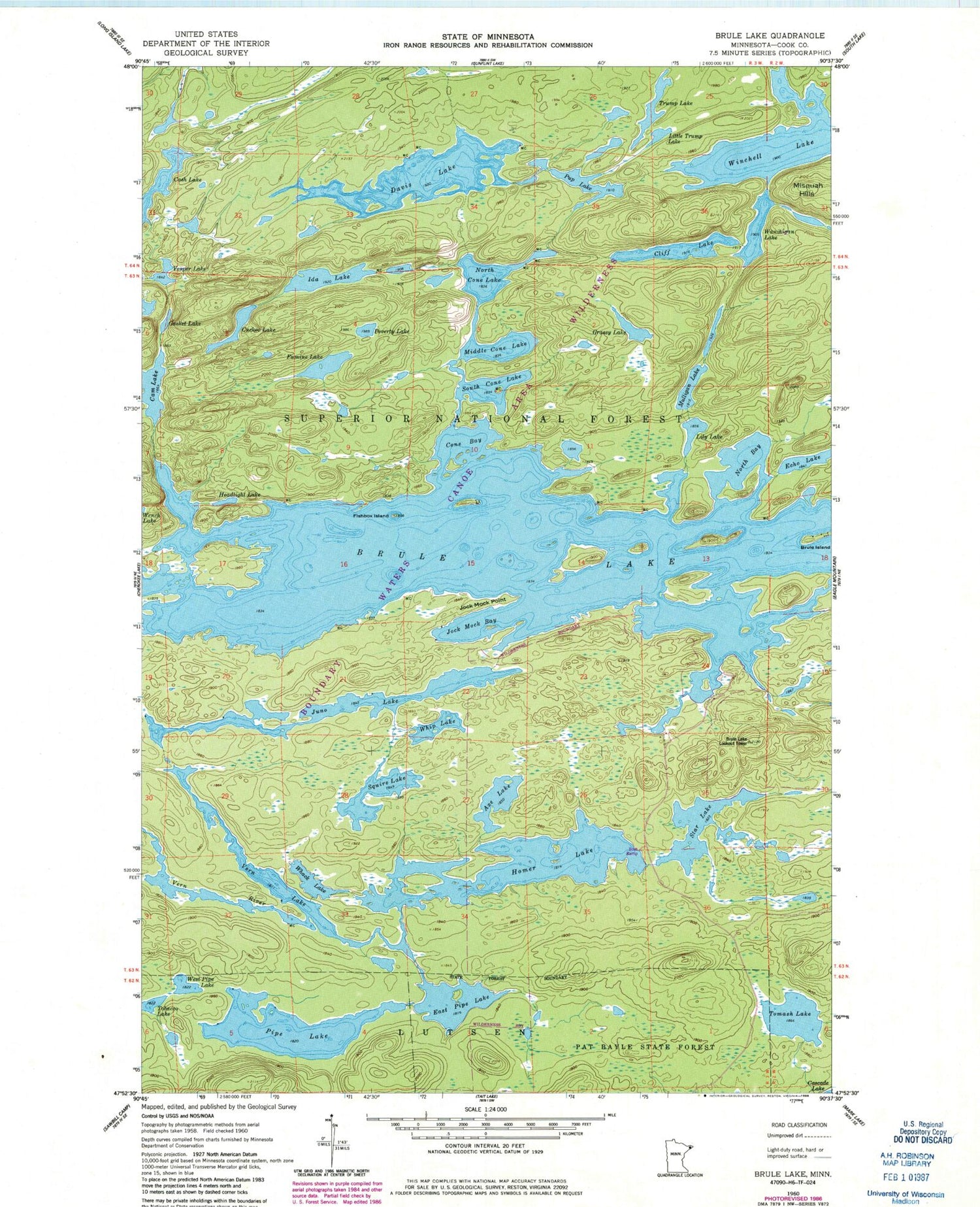 Classic USGS Brule Lake Minnesota 7.5'x7.5' Topo Map Image