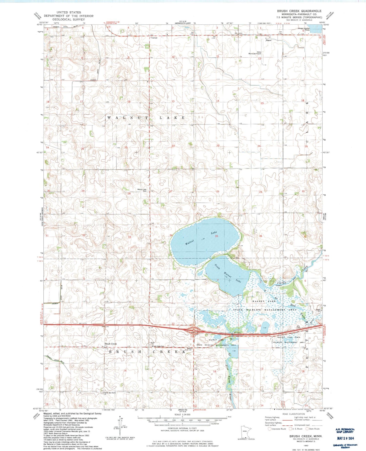 Classic USGS Brush Creek Minnesota 7.5'x7.5' Topo Map Image