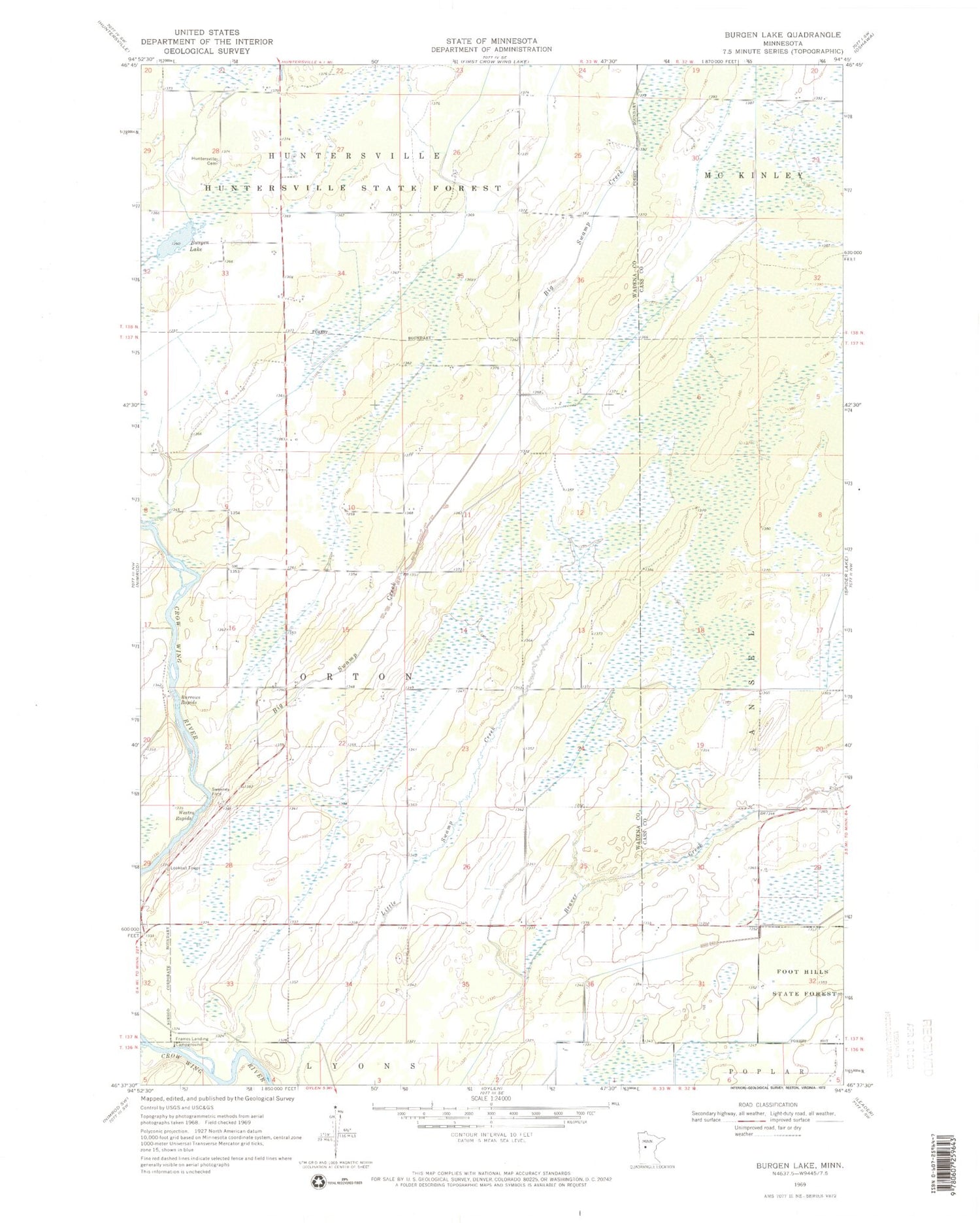 Classic USGS Burgen Lake Minnesota 7.5'x7.5' Topo Map Image
