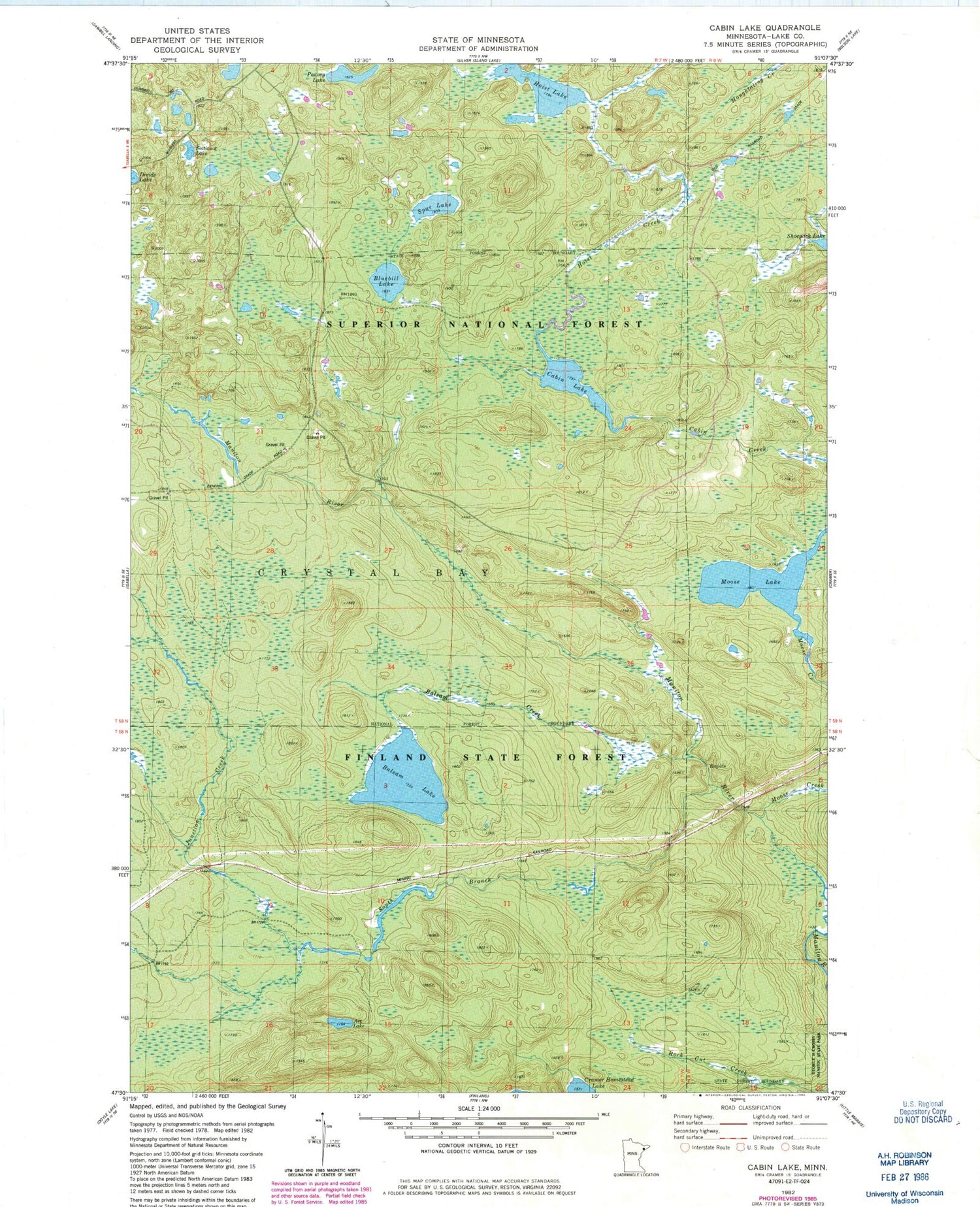 Classic USGS Cabin Lake Minnesota 7.5'x7.5' Topo Map Image