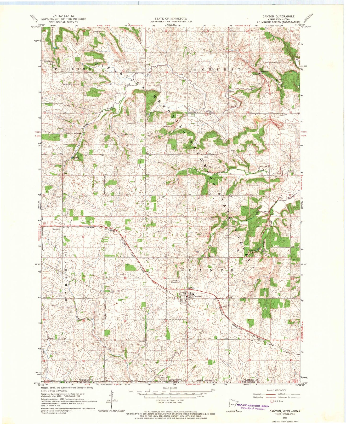 Classic USGS Canton Minnesota 7.5'x7.5' Topo Map Image