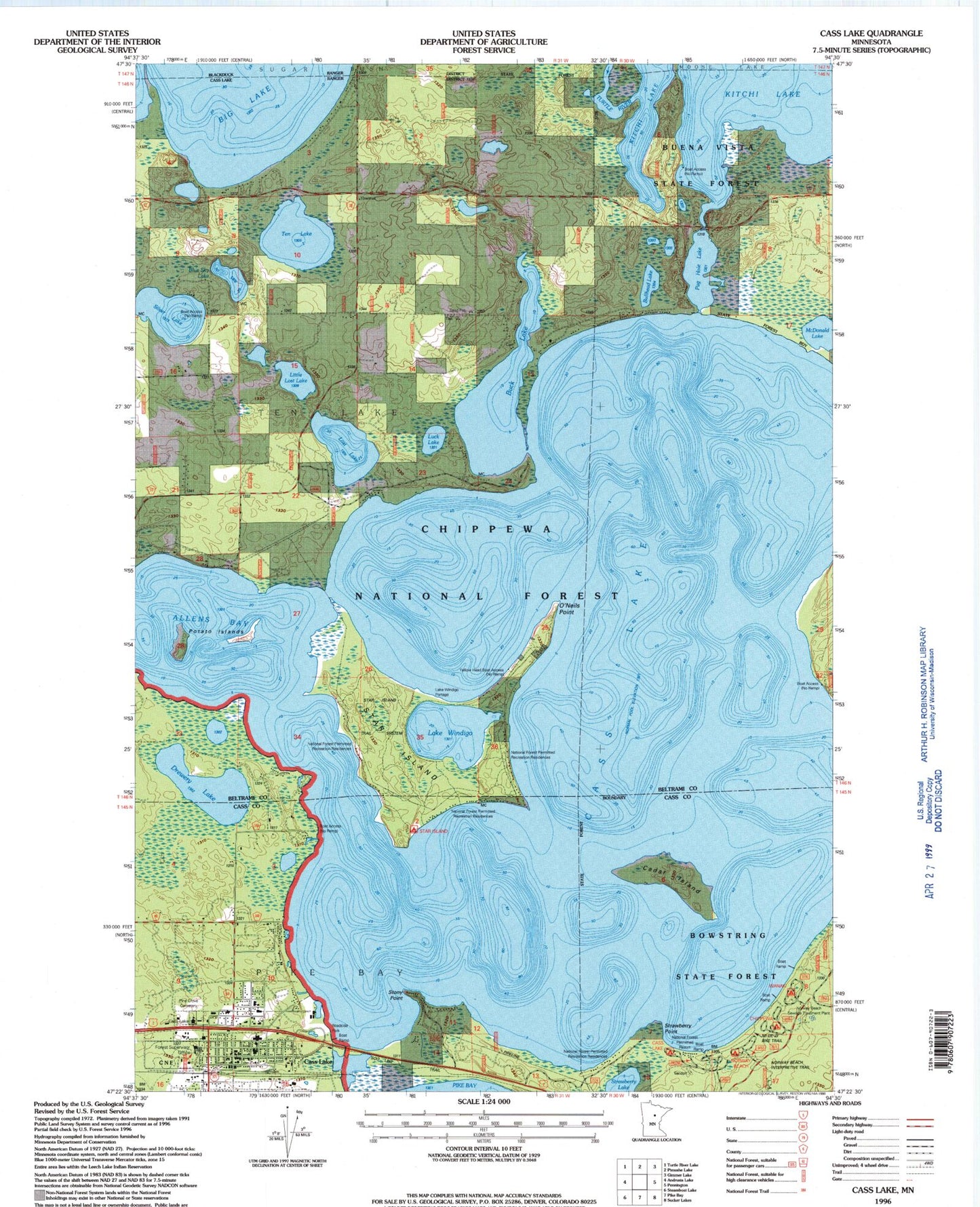 Classic USGS Cass Lake Minnesota 7.5'x7.5' Topo Map Image
