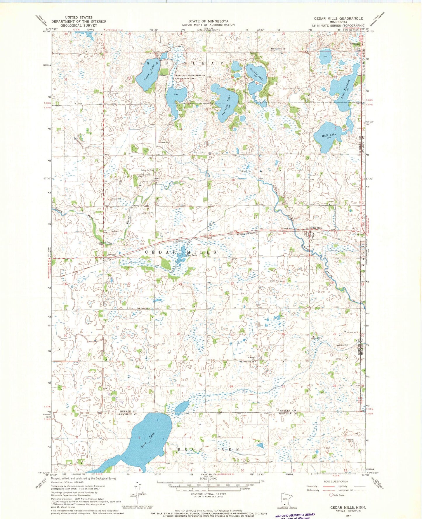 Classic USGS Cedar Mills Minnesota 7.5'x7.5' Topo Map Image