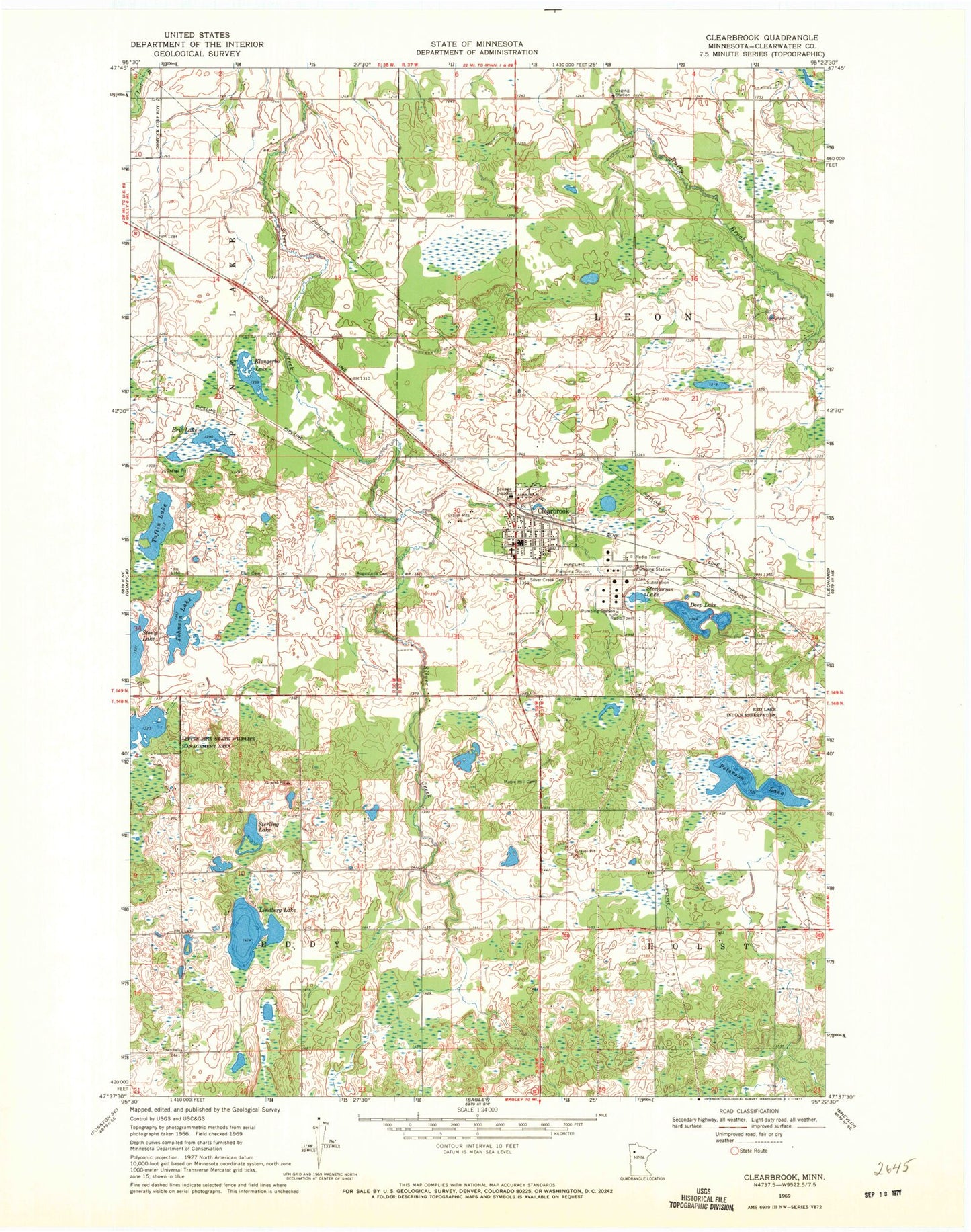 Classic USGS Clearbrook Minnesota 7.5'x7.5' Topo Map Image