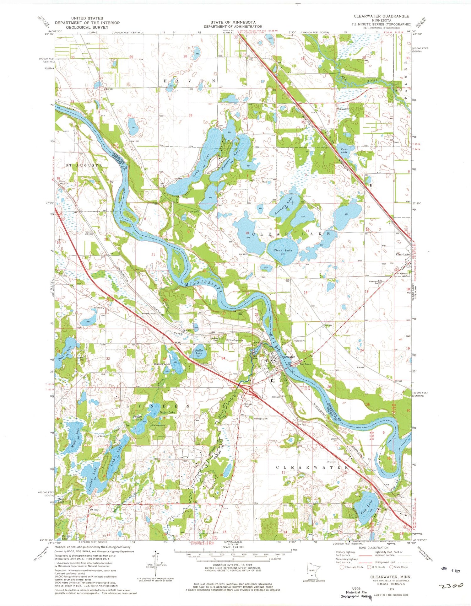 Classic USGS Clearwater Minnesota 7.5'x7.5' Topo Map Image