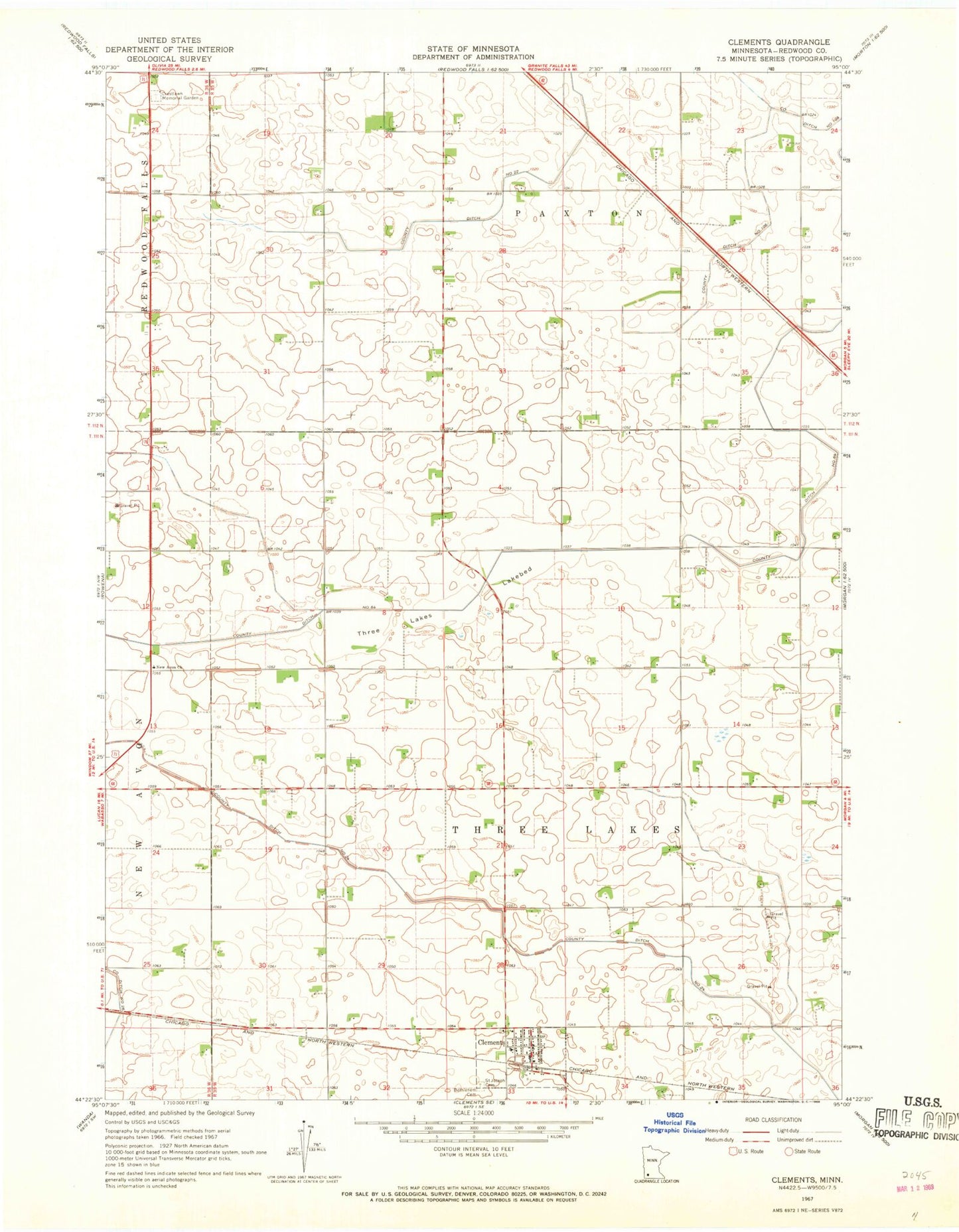 Classic USGS Clements Minnesota 7.5'x7.5' Topo Map Image