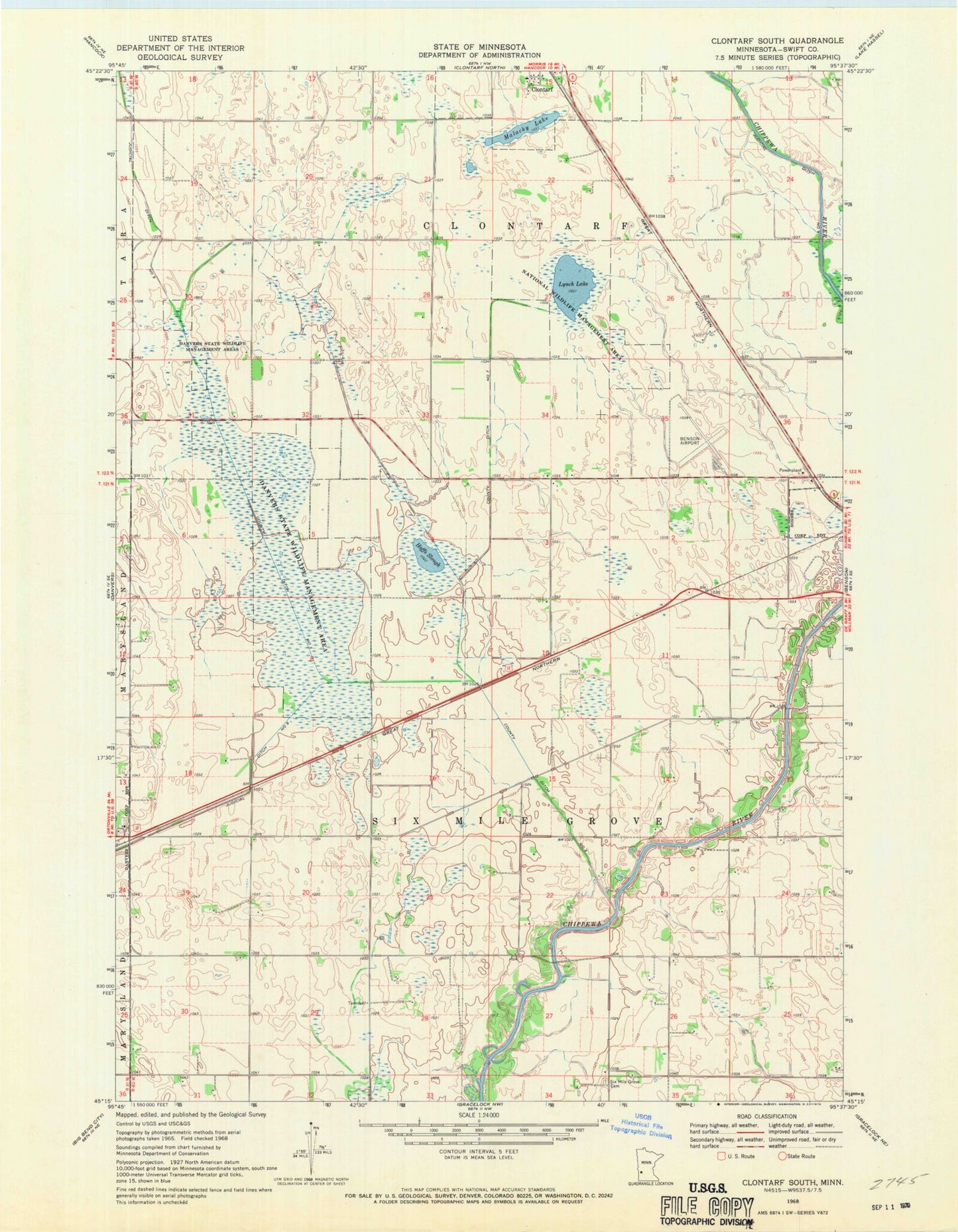 Classic USGS Clontarf South Minnesota 7.5'x7.5' Topo Map Image