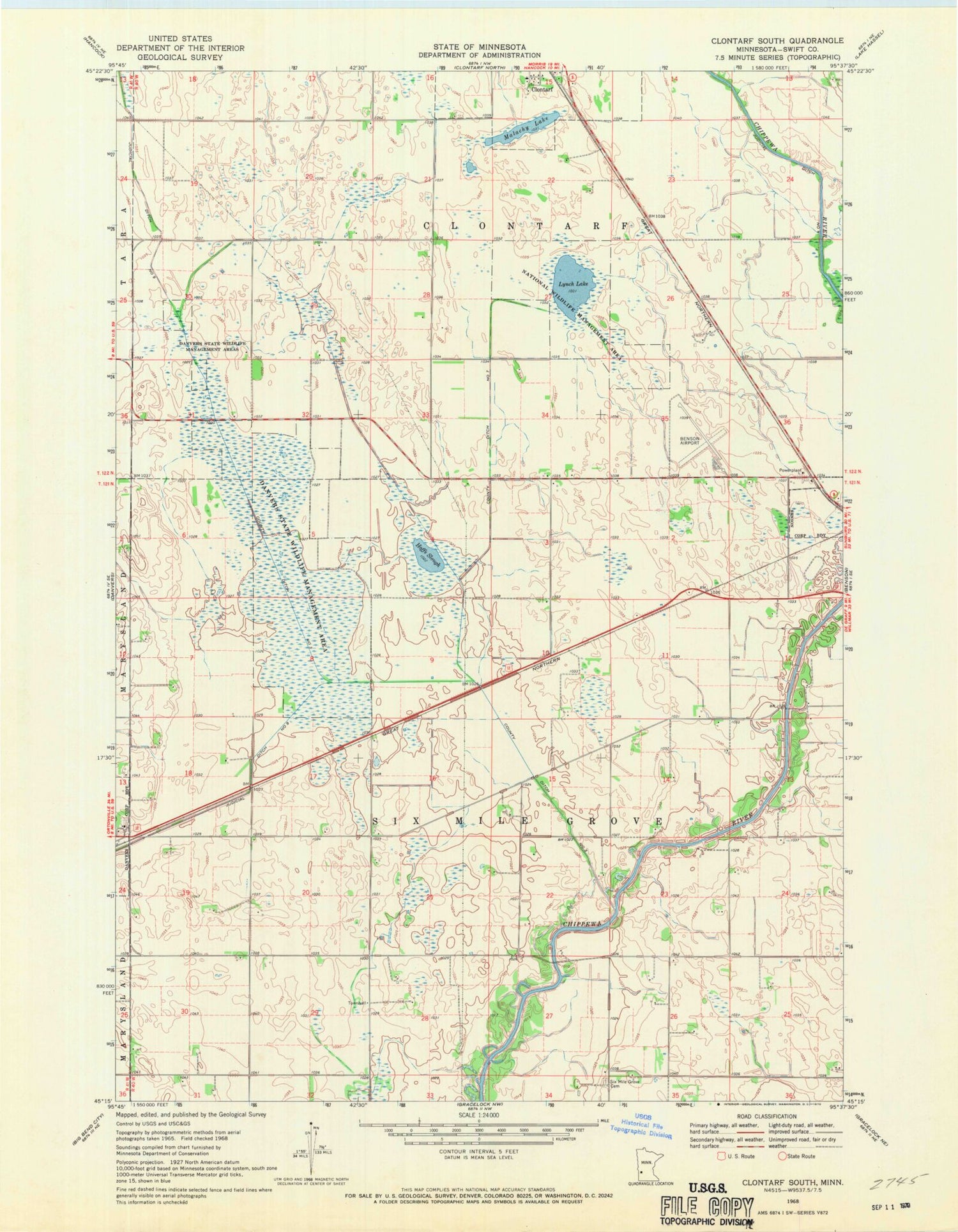 Classic USGS Clontarf South Minnesota 7.5'x7.5' Topo Map Image