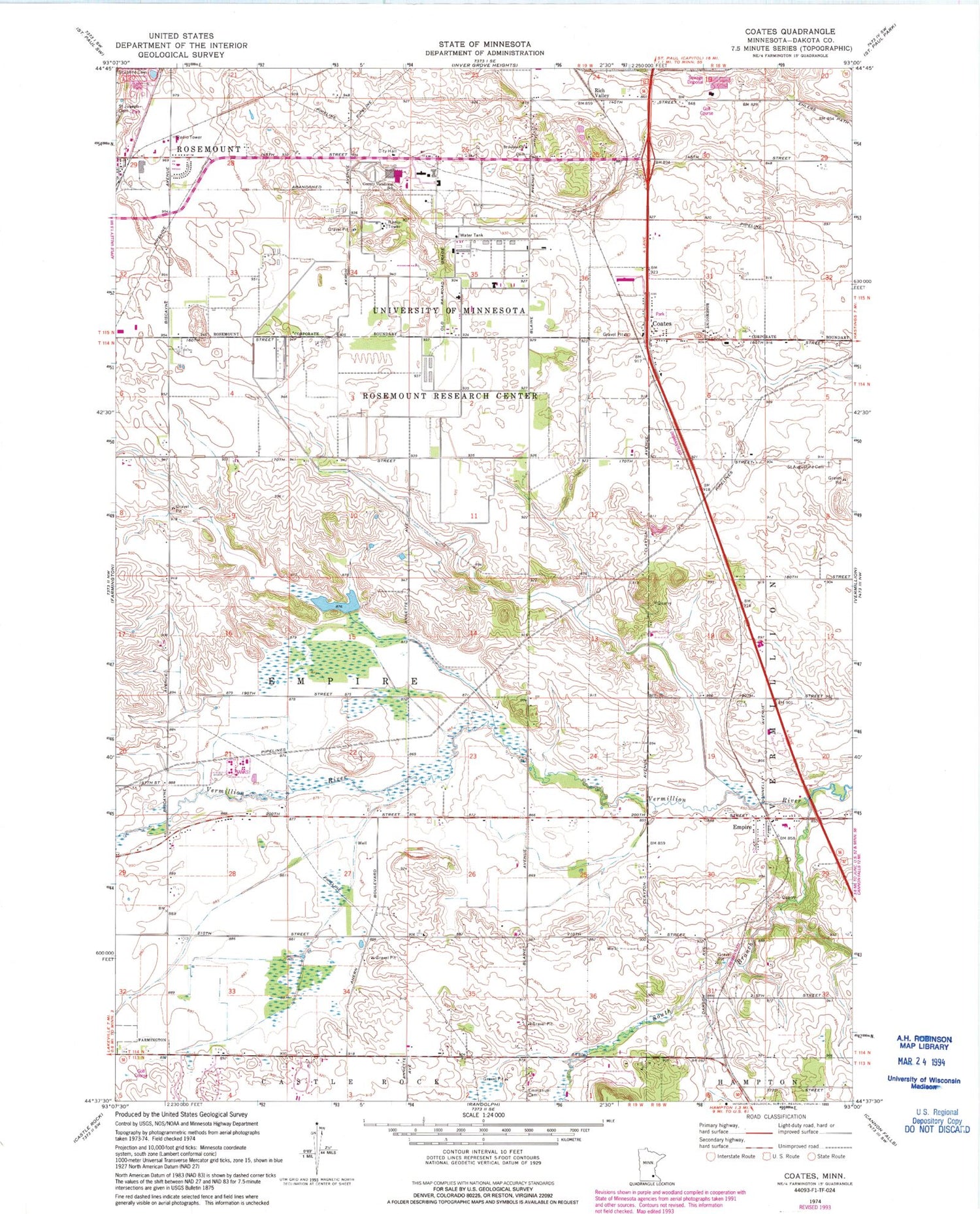 Classic USGS Coates Minnesota 7.5'x7.5' Topo Map Image