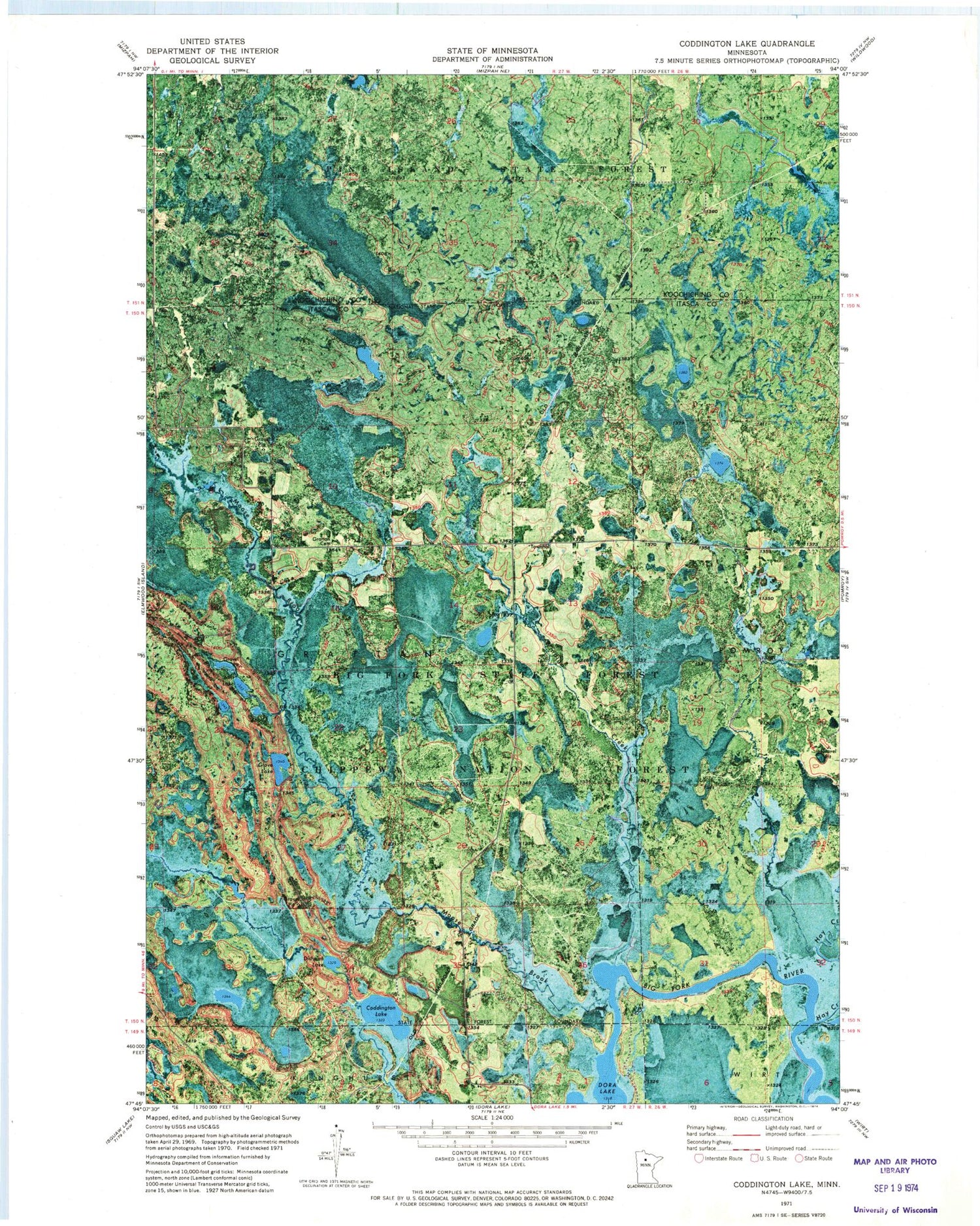 Classic USGS Coddington Lake Minnesota 7.5'x7.5' Topo Map Image