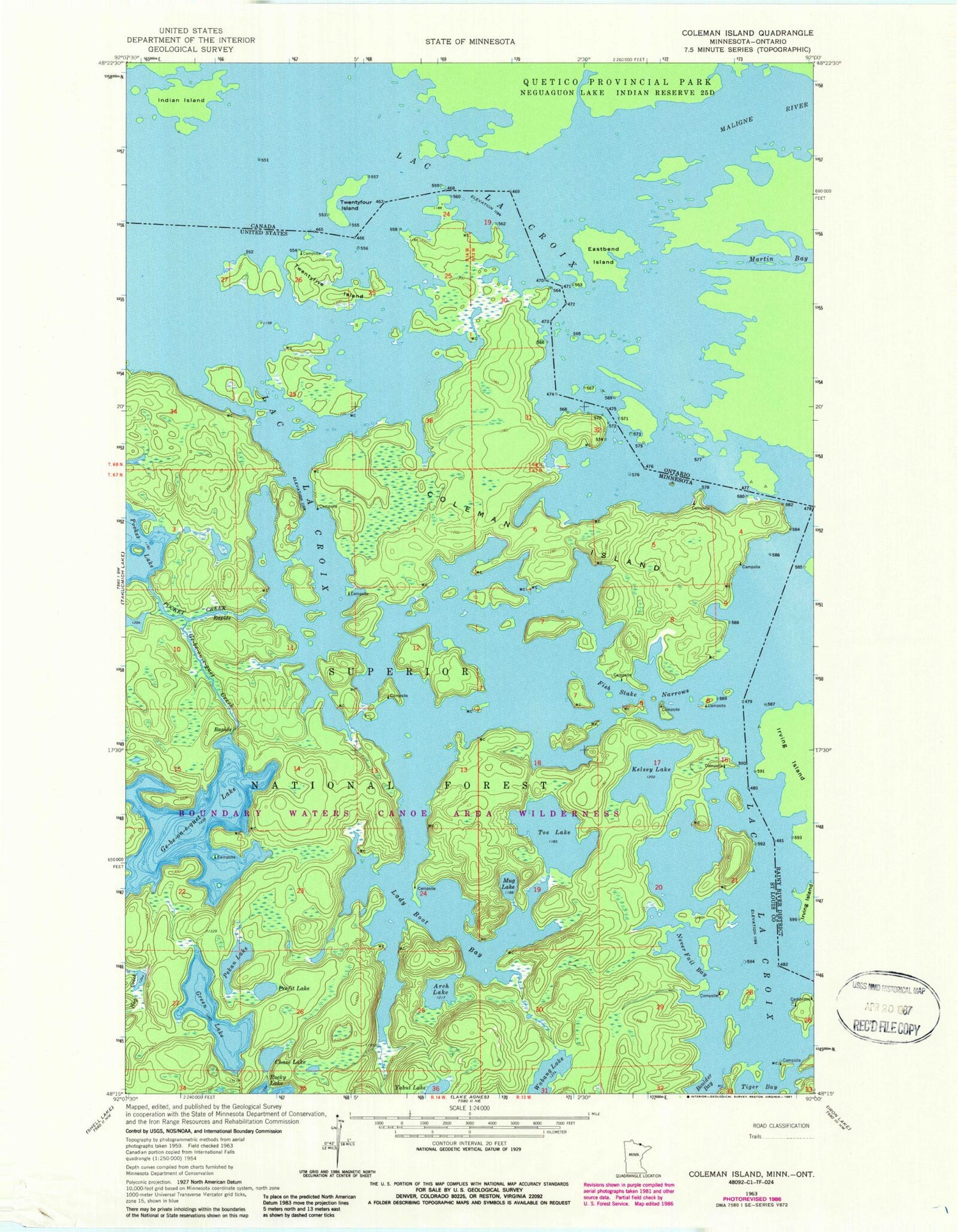 Classic USGS Coleman Island Minnesota 7.5'x7.5' Topo Map Image