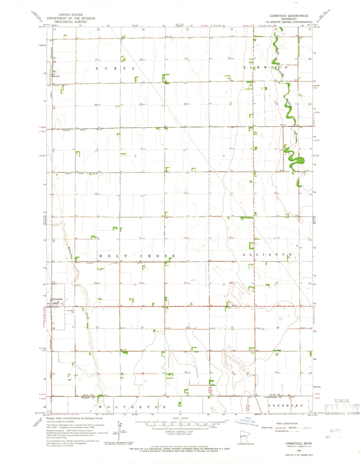 Classic USGS Comstock Minnesota 7.5'x7.5' Topo Map Image