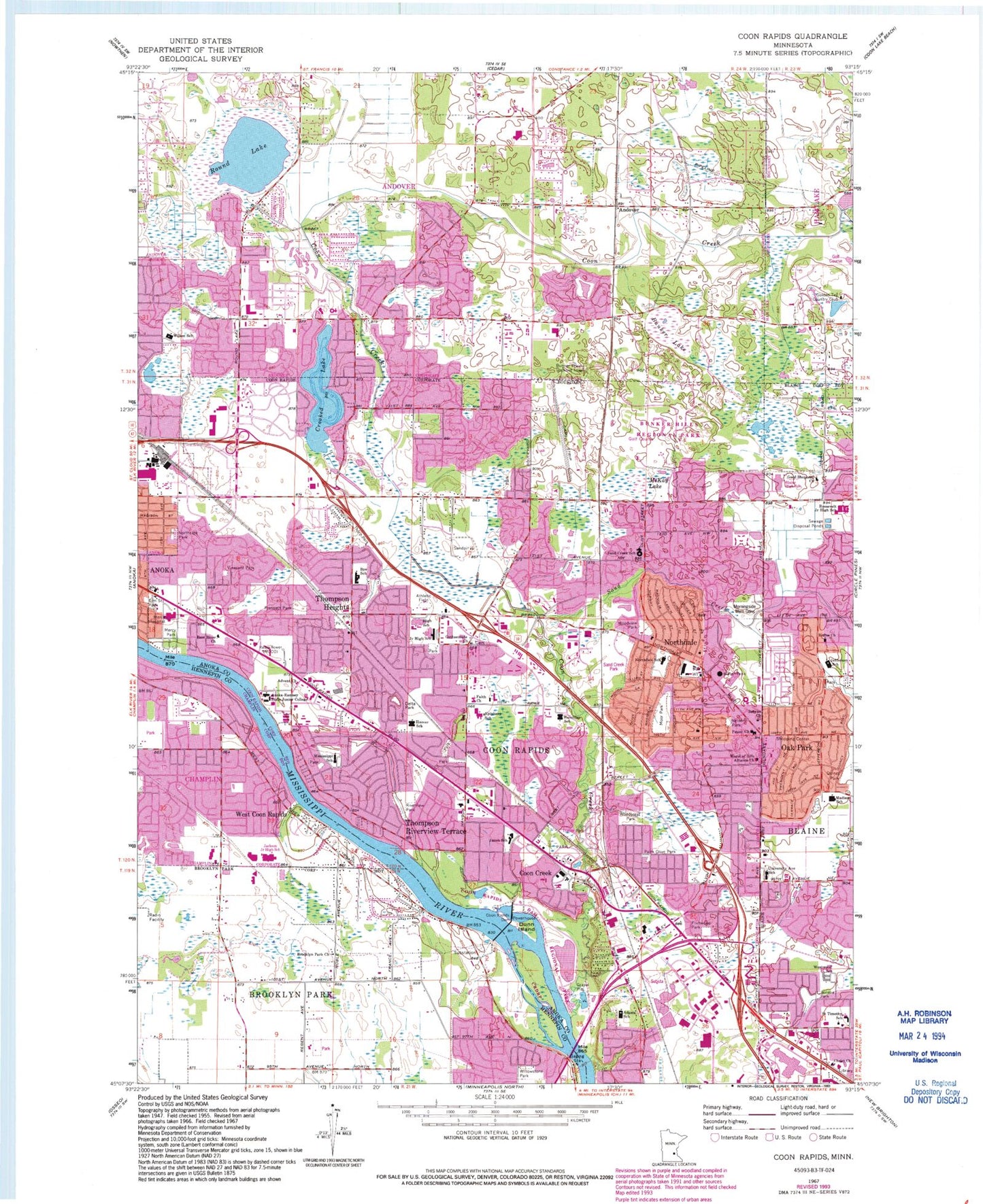 Classic USGS Coon Rapids Minnesota 7.5'x7.5' Topo Map Image