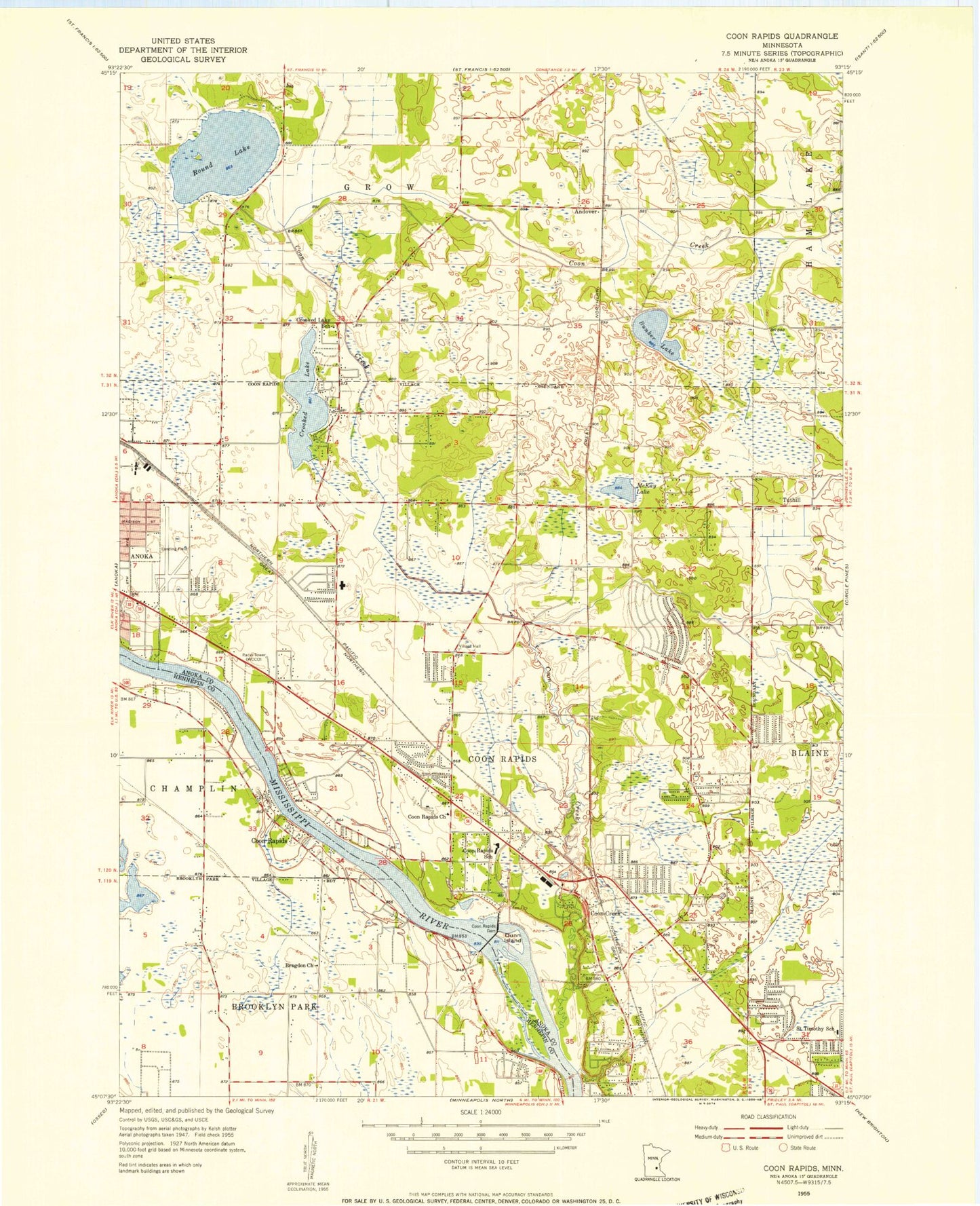 Classic USGS Coon Rapids Minnesota 7.5'x7.5' Topo Map Image