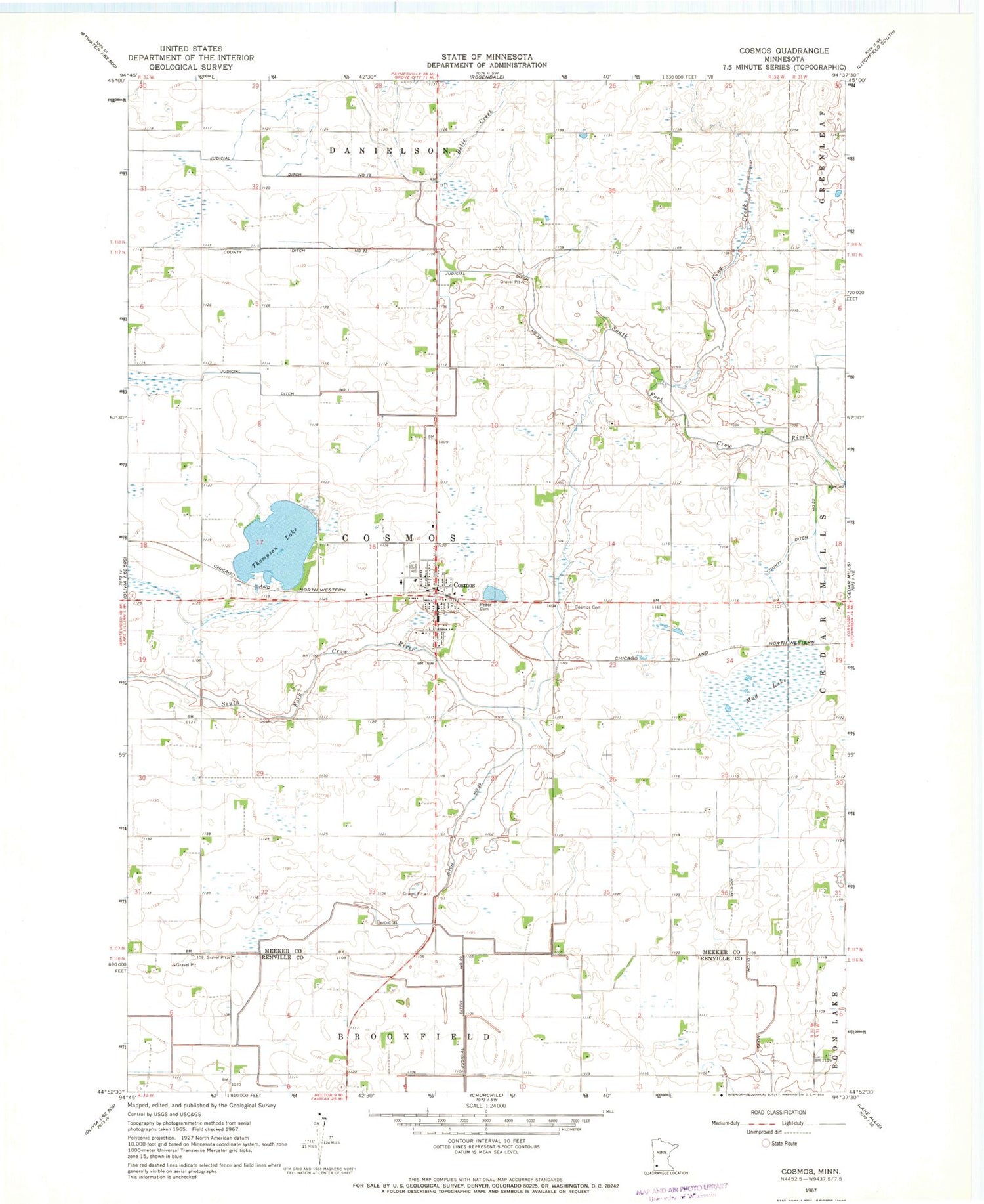 Classic USGS Cosmos Minnesota 7.5'x7.5' Topo Map Image