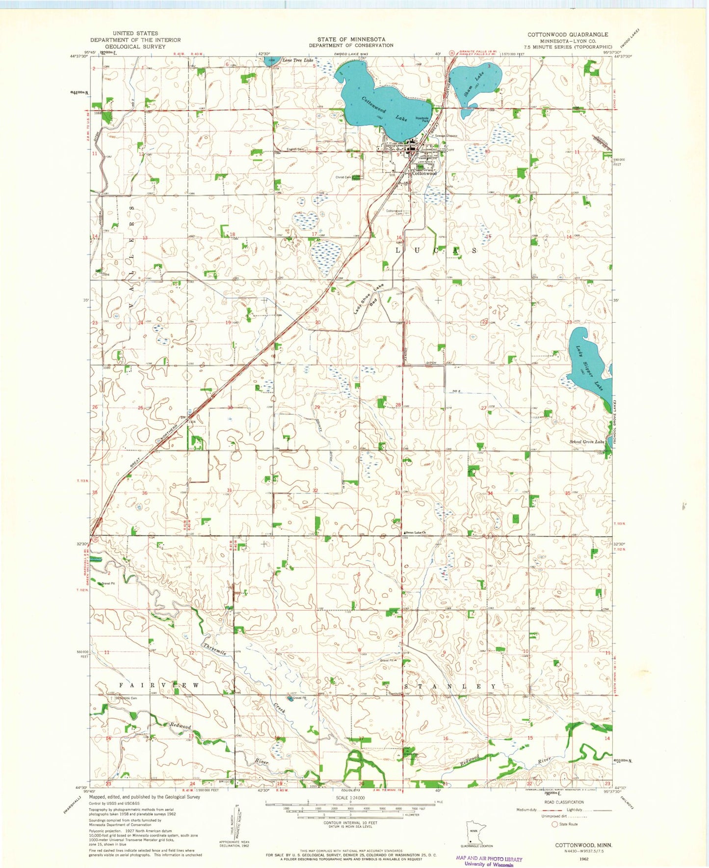 Classic USGS Cottonwood Minnesota 7.5'x7.5' Topo Map Image
