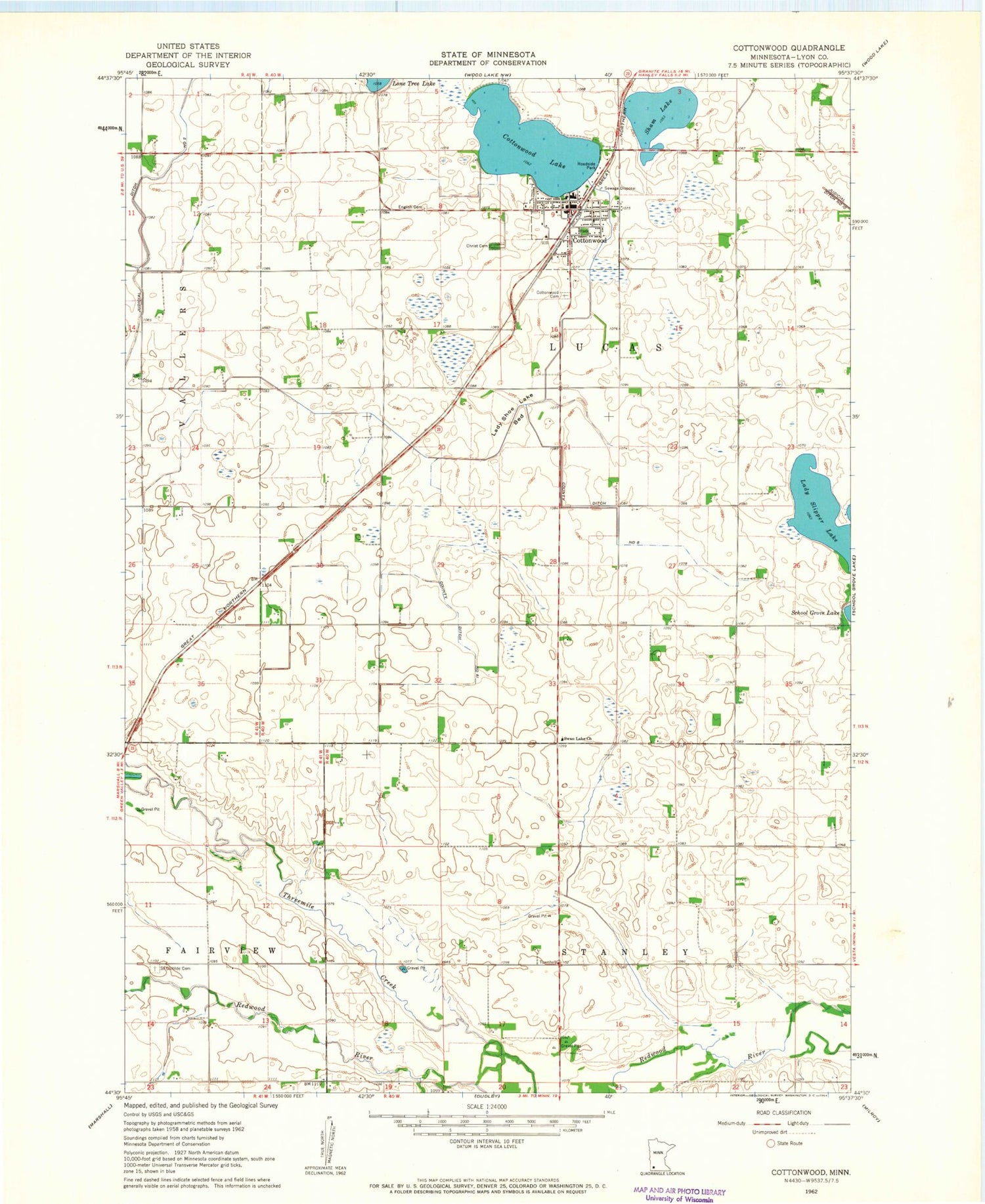 Classic USGS Cottonwood Minnesota 7.5'x7.5' Topo Map Image