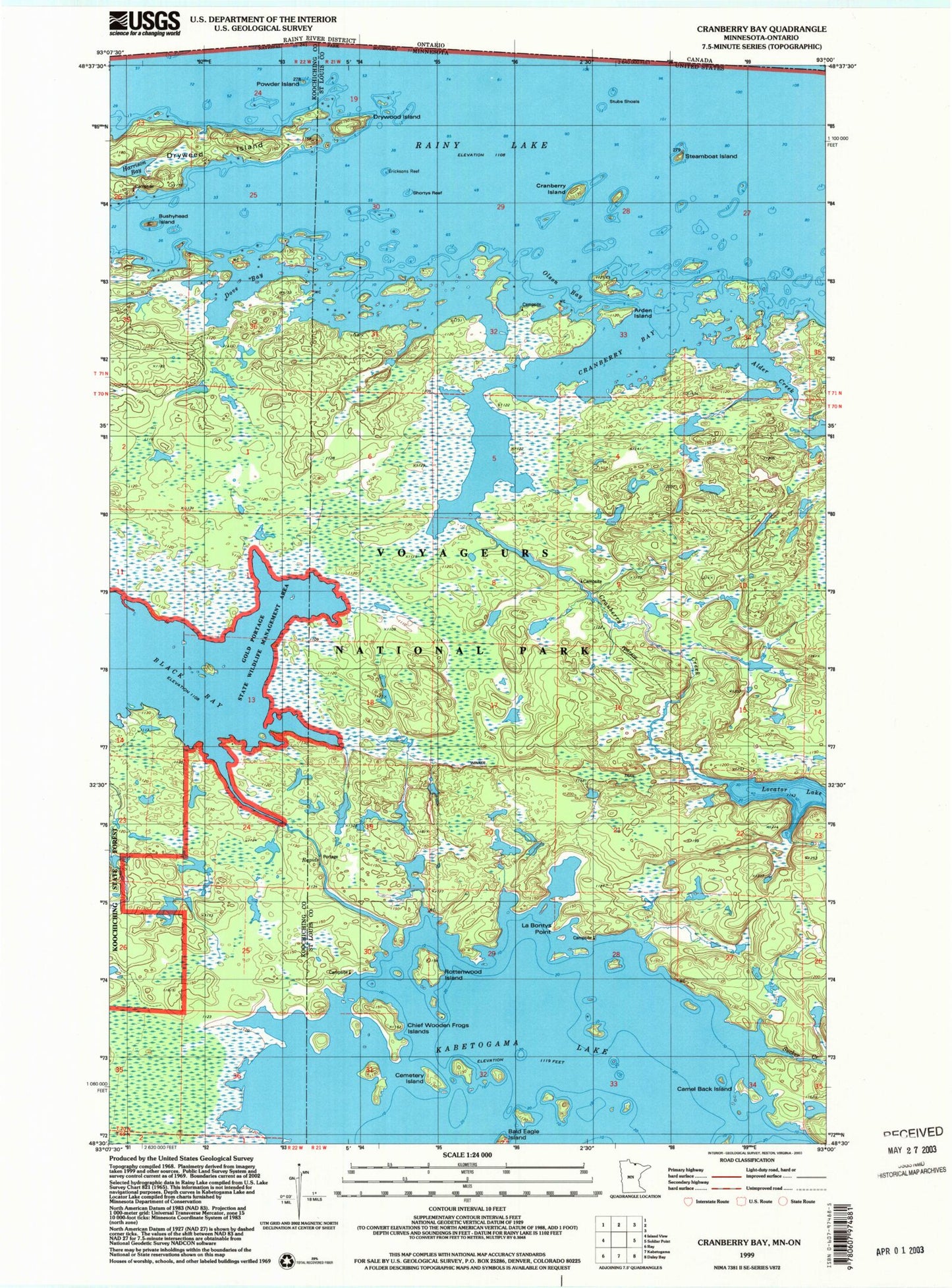 Classic USGS Cranberry Bay Minnesota 7.5'x7.5' Topo Map Image