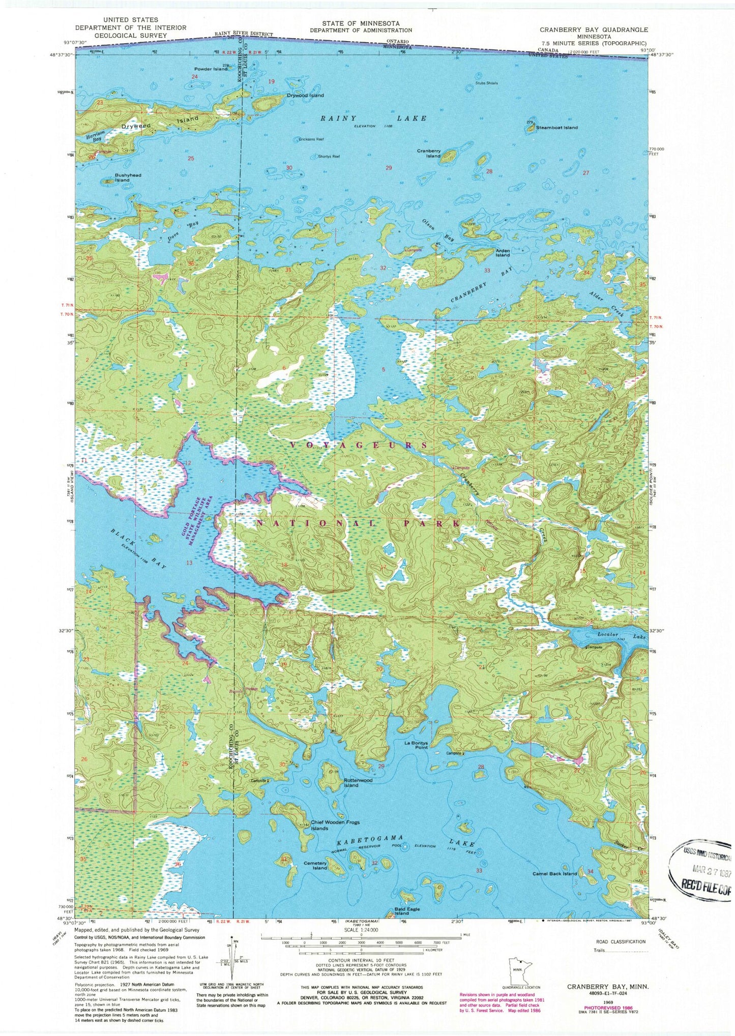 Classic USGS Cranberry Bay Minnesota 7.5'x7.5' Topo Map Image