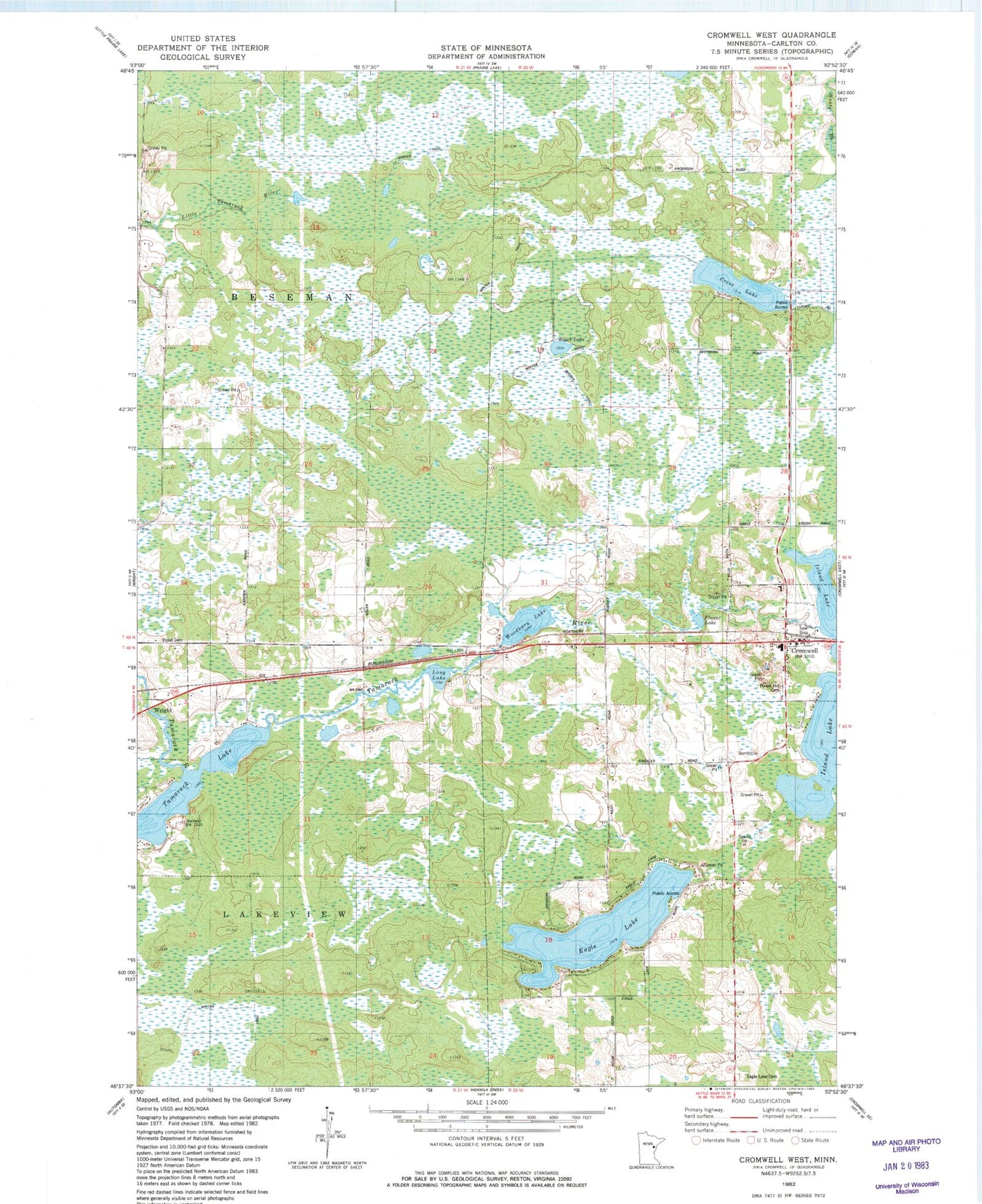 Classic USGS Cromwell West Minnesota 7.5'x7.5' Topo Map Image