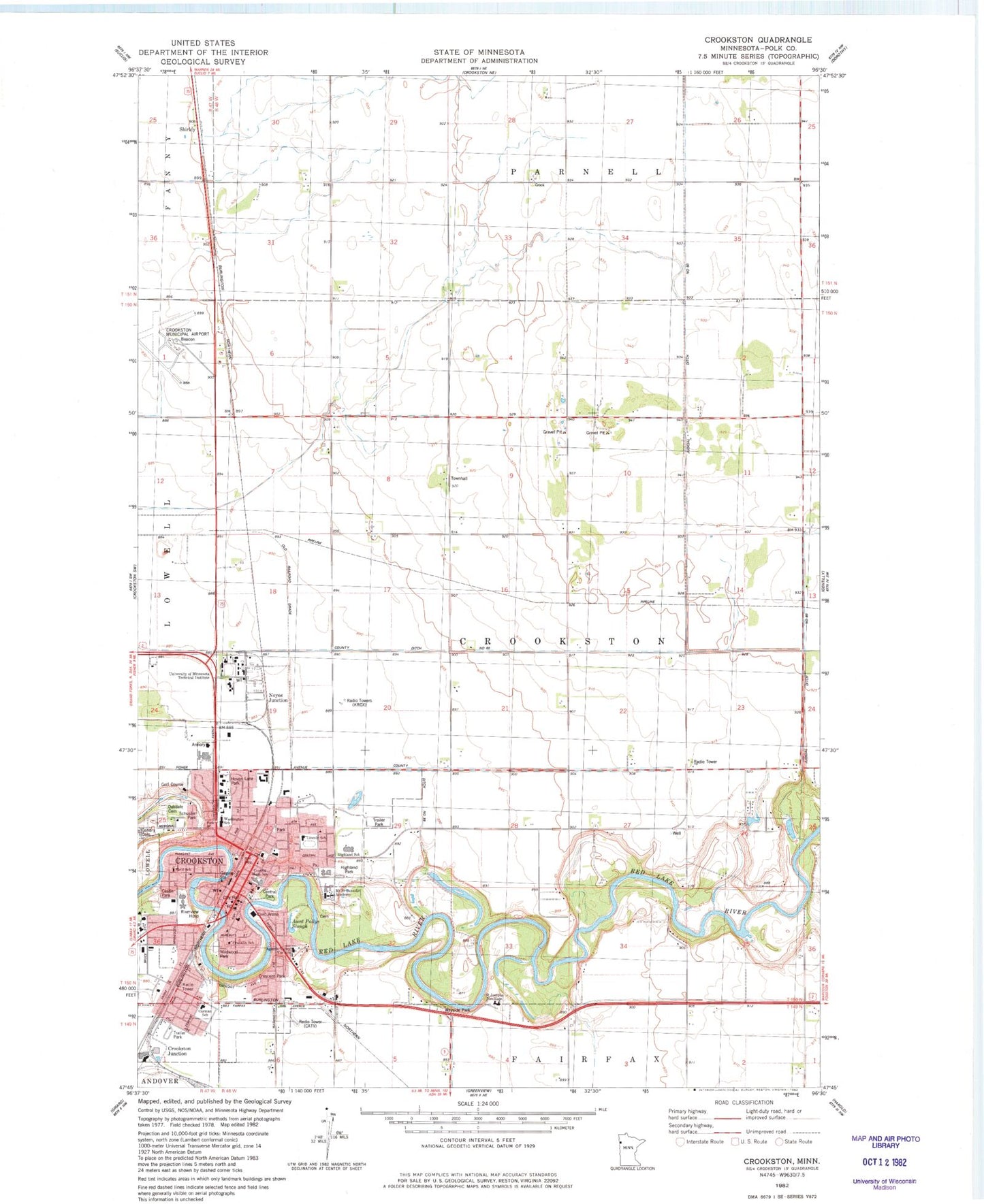 Classic USGS Crookston Minnesota 7.5'x7.5' Topo Map Image