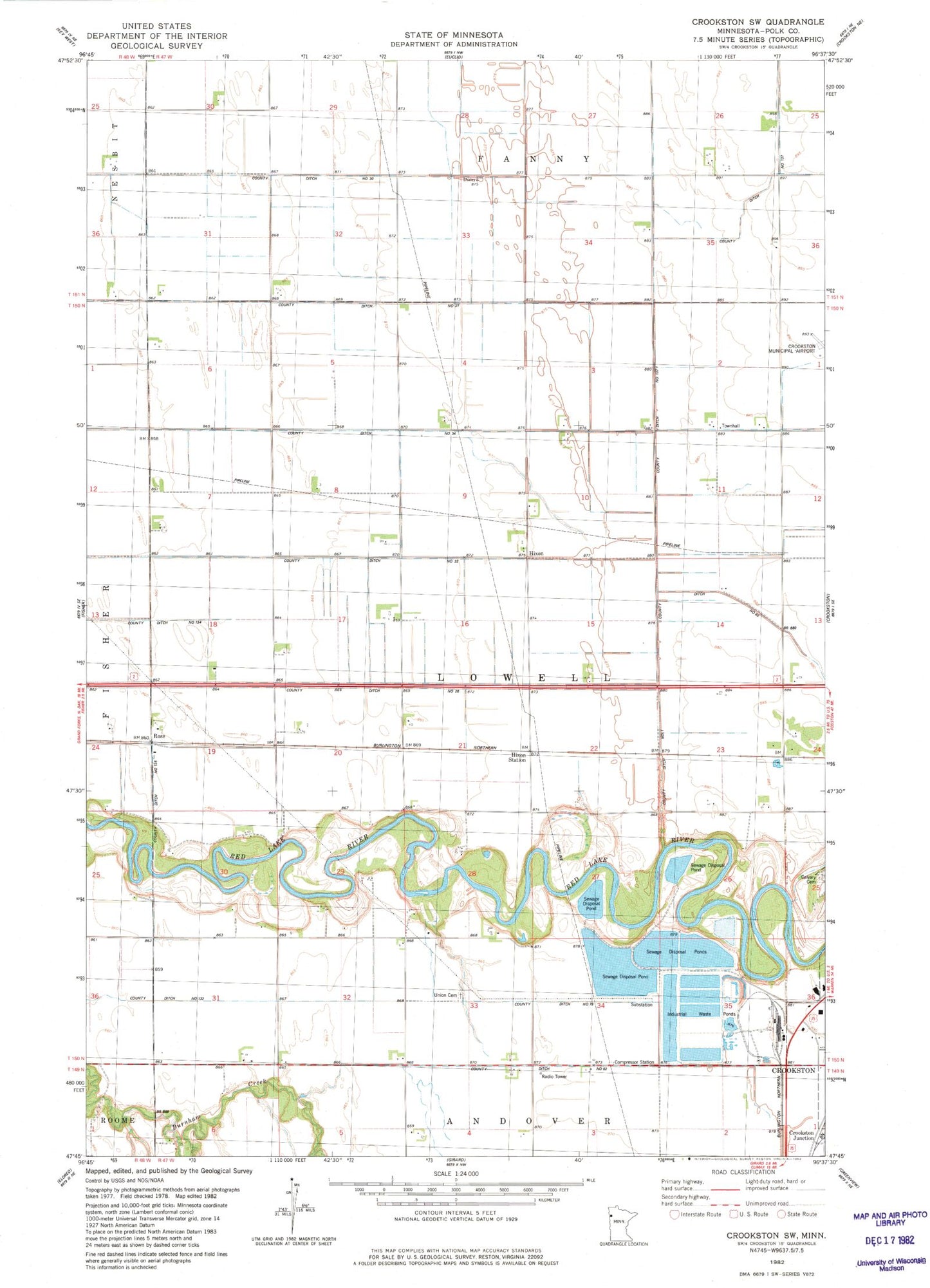 Classic USGS Crookston SW Minnesota 7.5'x7.5' Topo Map Image