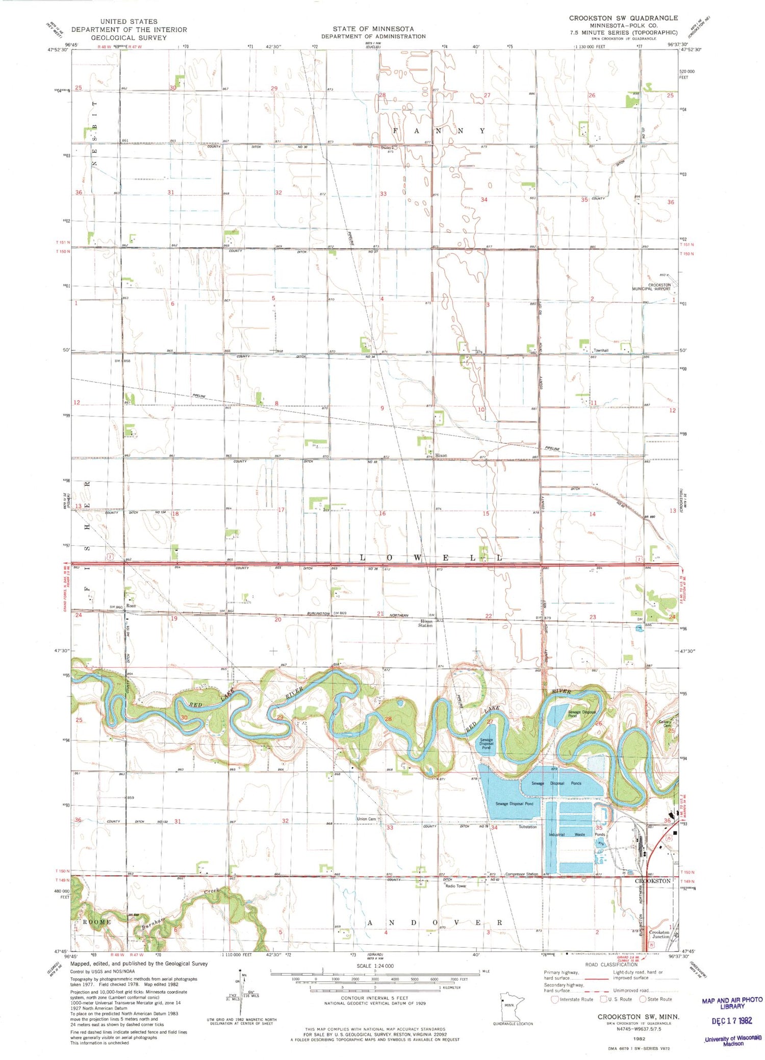 Classic USGS Crookston SW Minnesota 7.5'x7.5' Topo Map Image