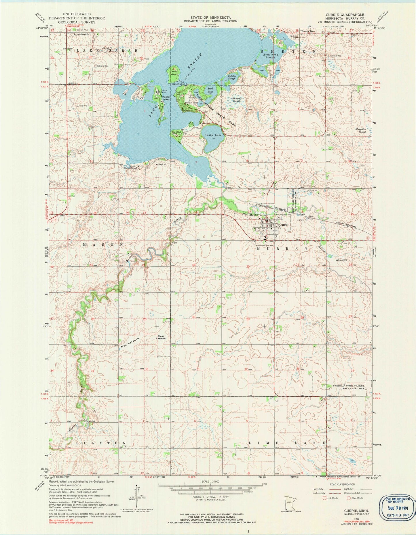 Classic USGS Currie Minnesota 7.5'x7.5' Topo Map Image