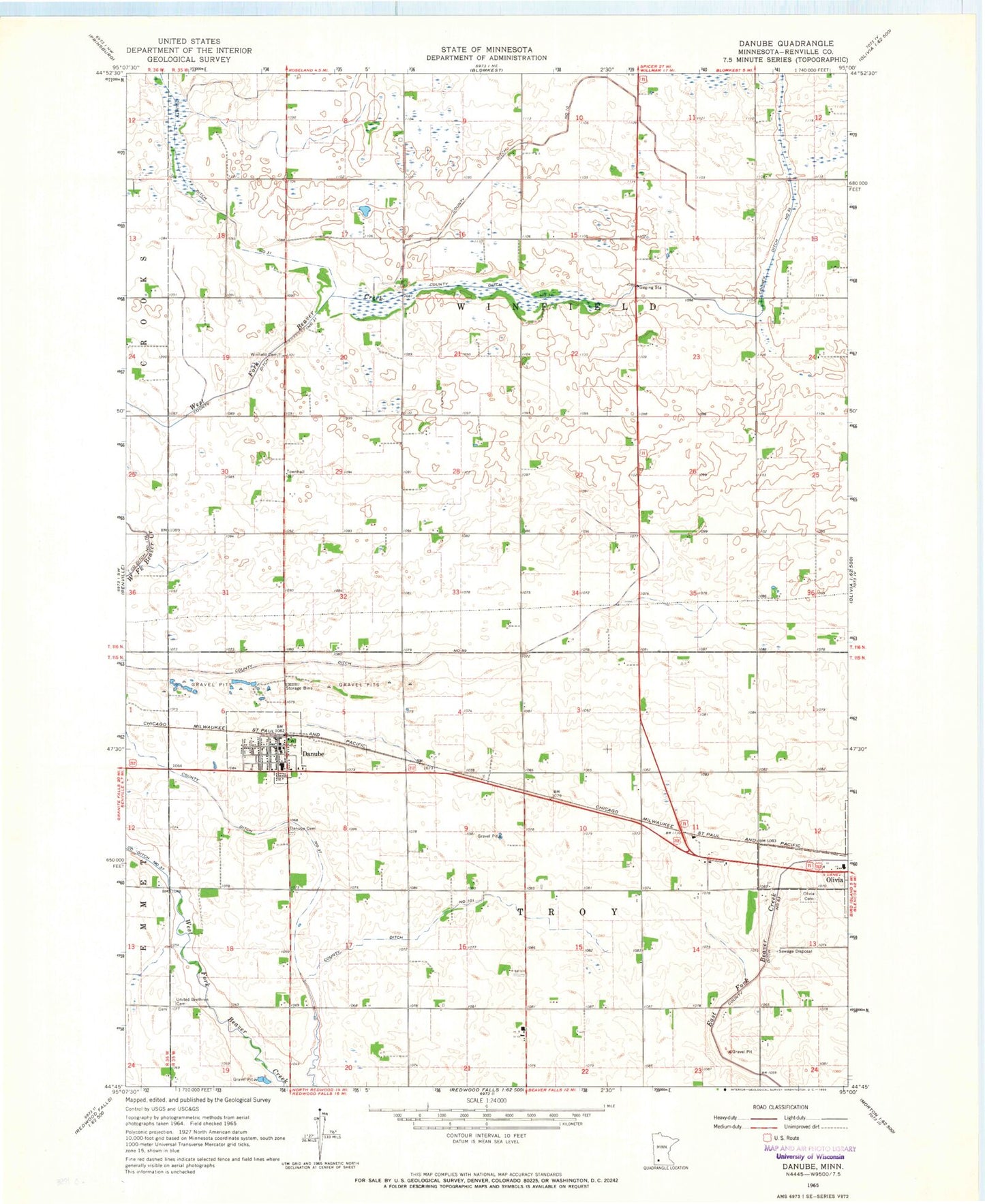 Classic USGS Danube Minnesota 7.5'x7.5' Topo Map Image