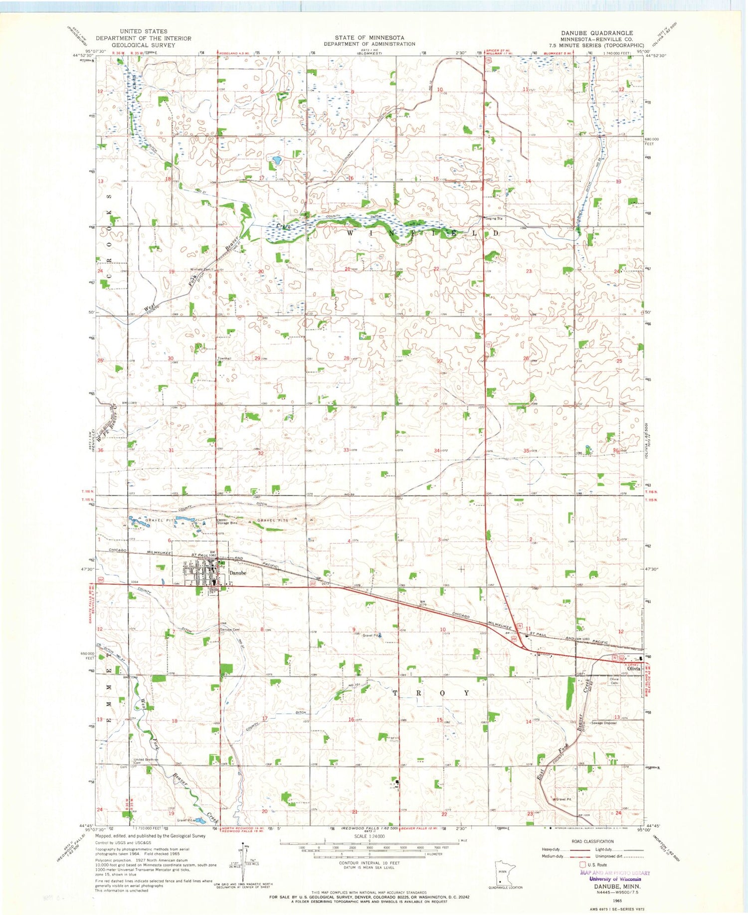 Classic USGS Danube Minnesota 7.5'x7.5' Topo Map Image