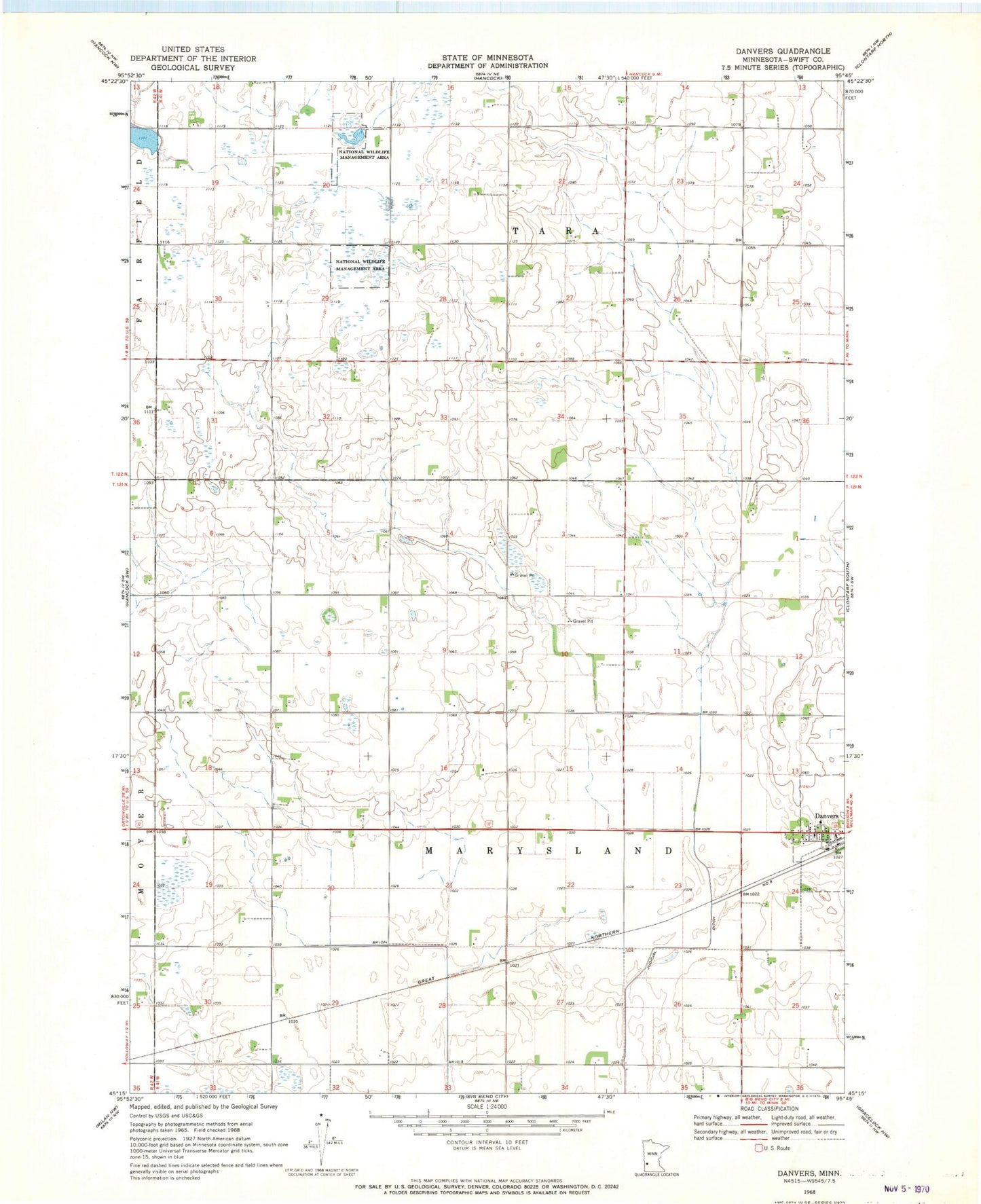 Classic USGS Danvers Minnesota 7.5'x7.5' Topo Map Image