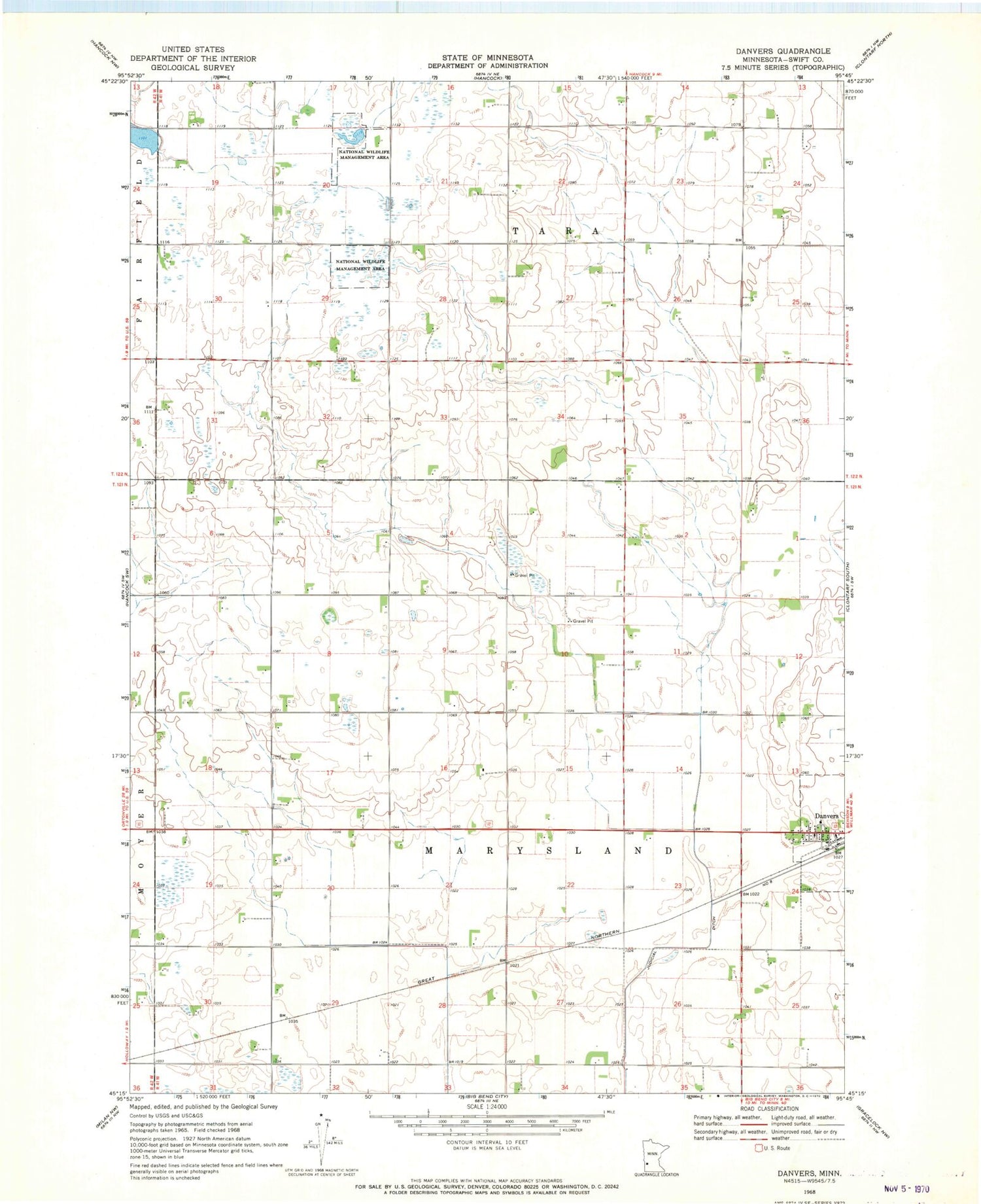 Classic USGS Danvers Minnesota 7.5'x7.5' Topo Map Image
