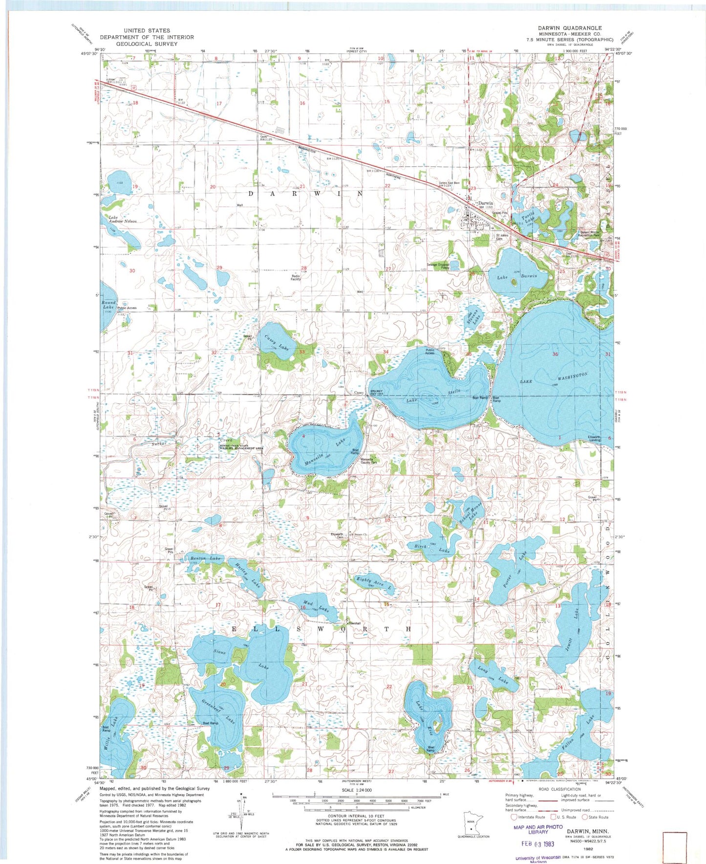 Classic USGS Darwin Minnesota 7.5'x7.5' Topo Map Image