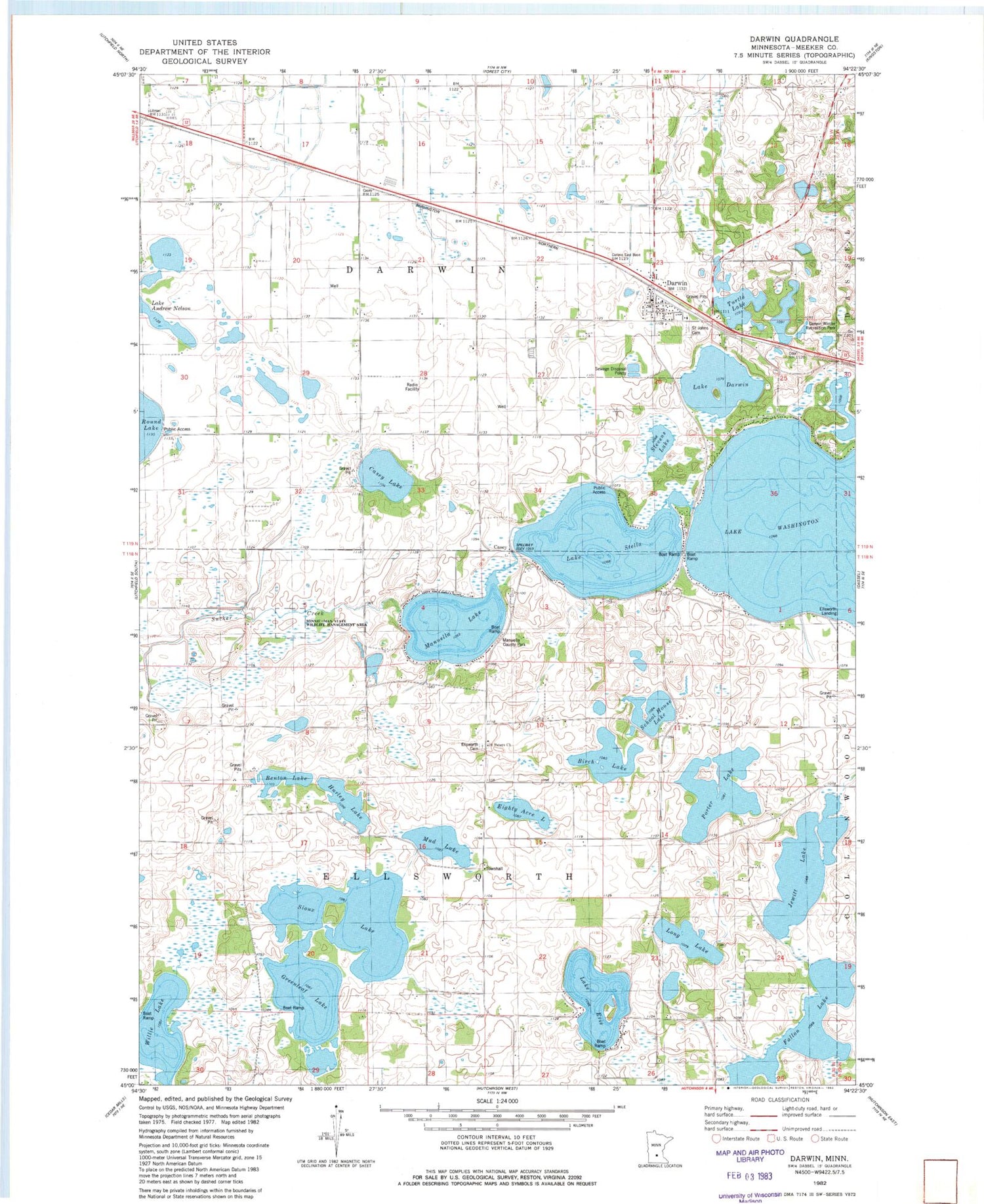 Classic USGS Darwin Minnesota 7.5'x7.5' Topo Map Image